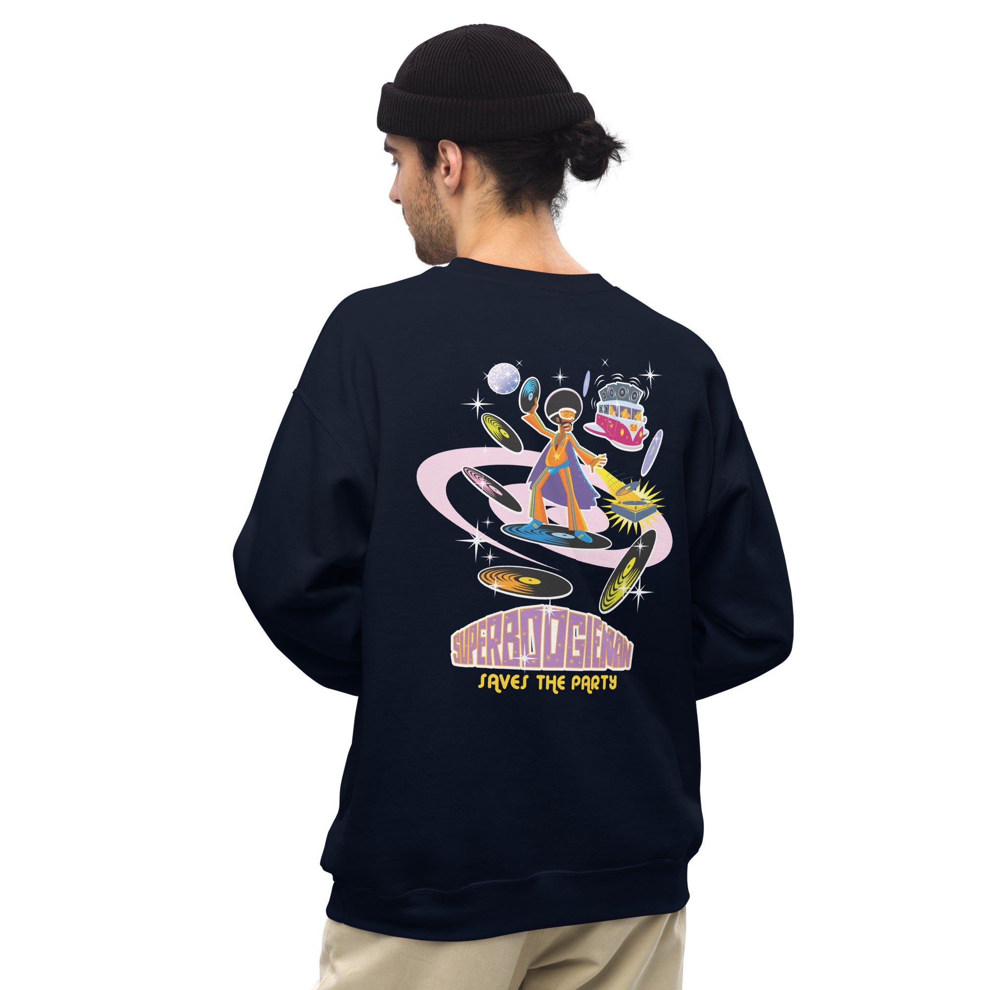 Sweat Unisexe à Col Rond Superboogieman sur couleurs foncées (face & dos)