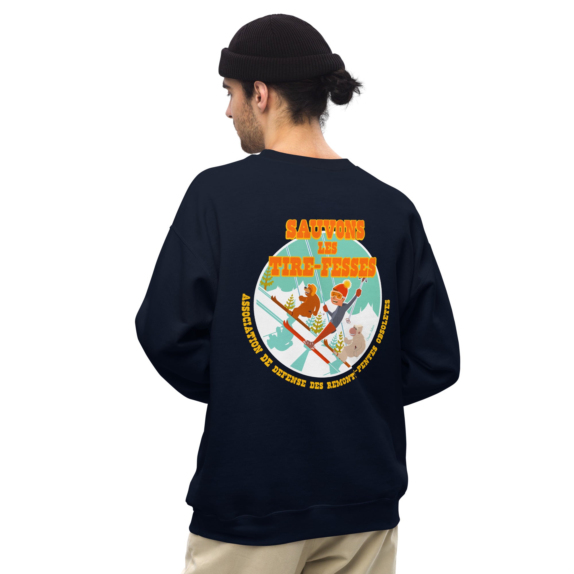 Sweat Unisexe à Col Rond Sauvons les Tires-fesses sur couleurs foncées (face & dos)