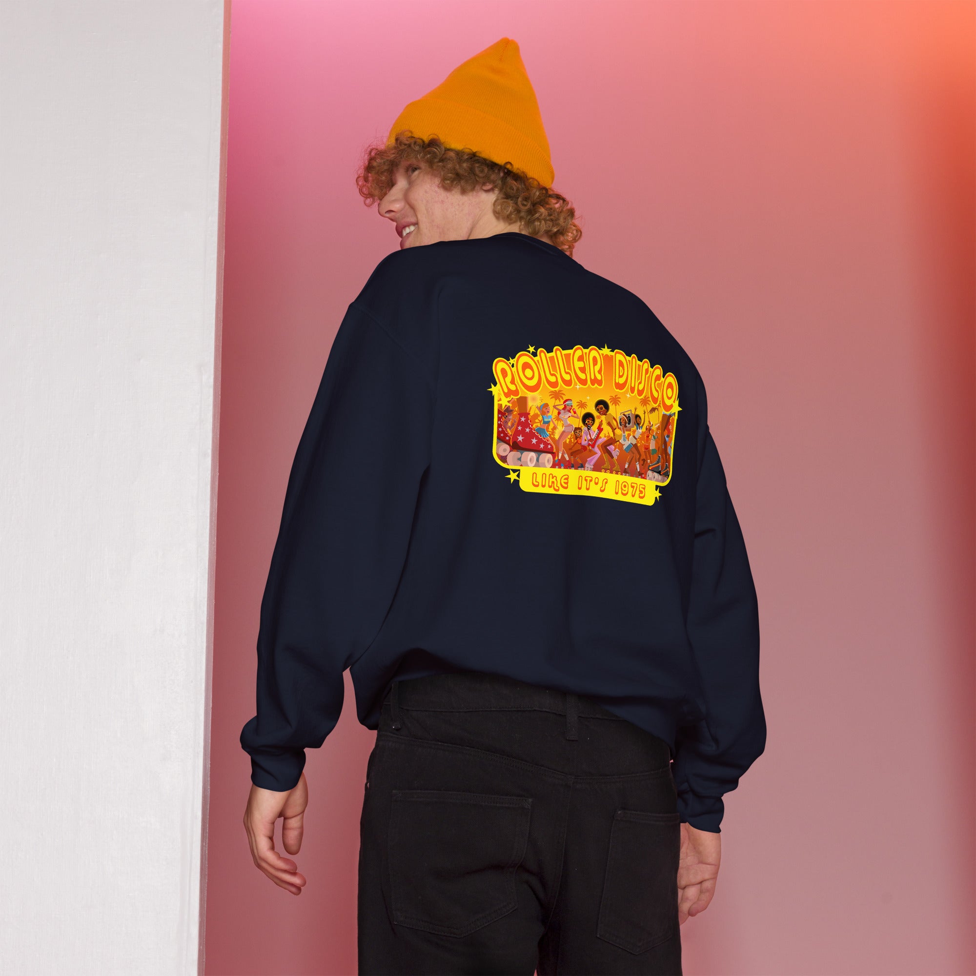Sweat Unisexe à Col Rond Roller Disco 1975 sur couleurs foncées (face & dos)
