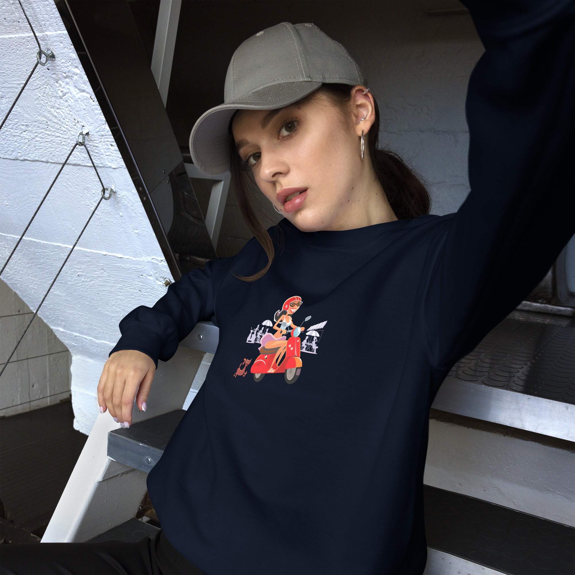 Unisex Sweatshirt Vespa Girl in St Tropez on dark colors