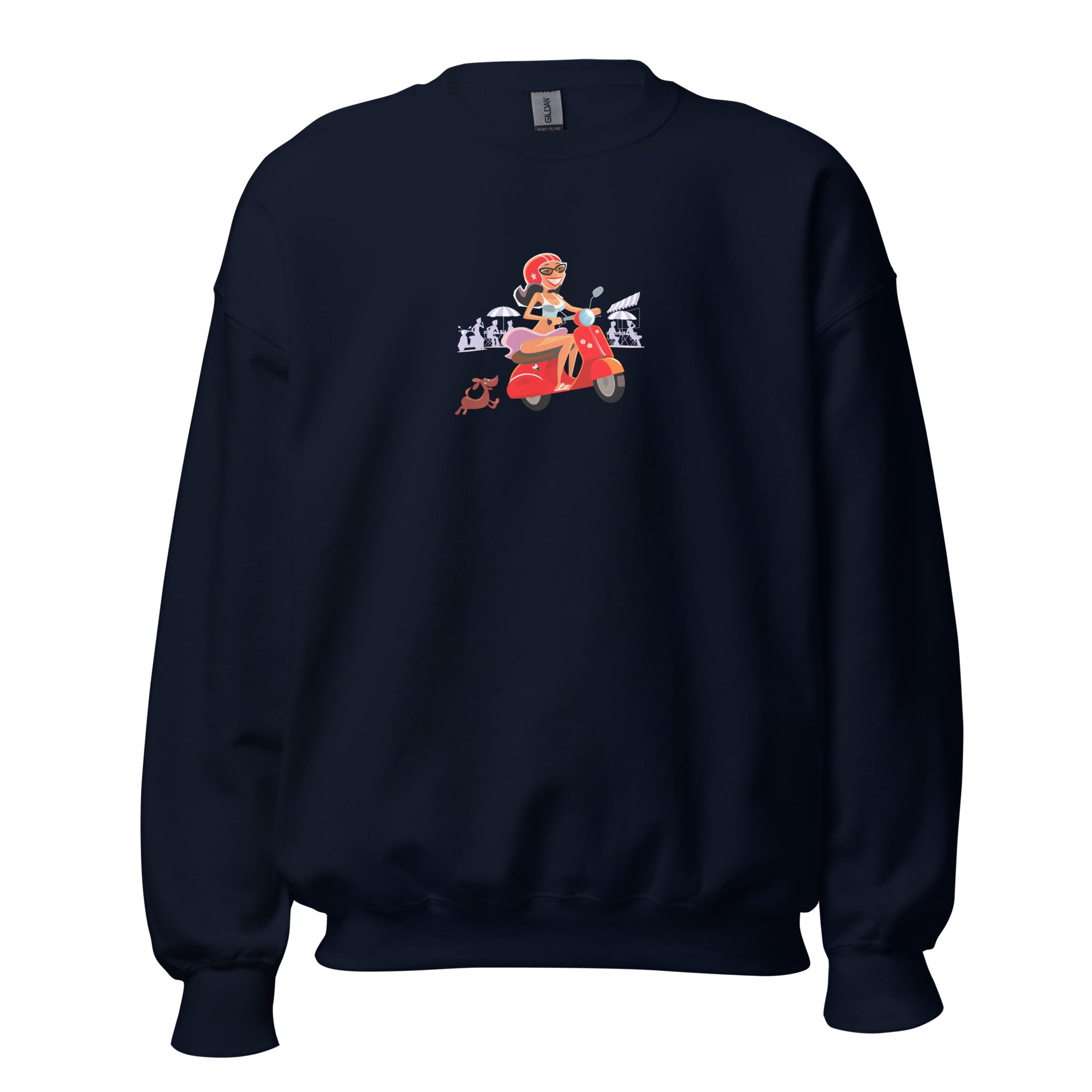 Unisex Sweatshirt Vespa Girl in St Tropez on dark colors