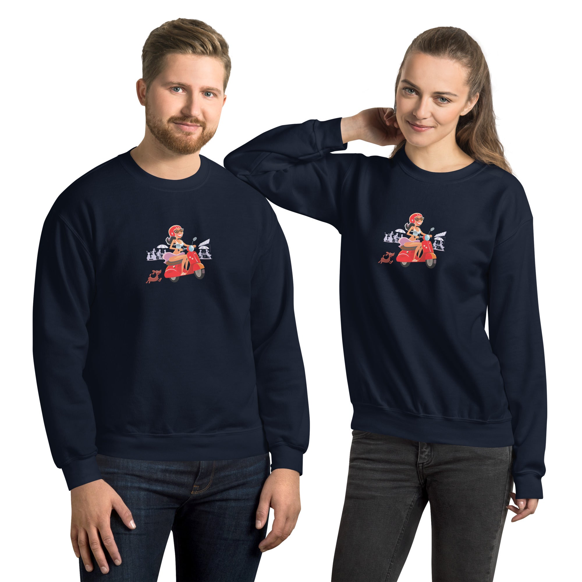 Unisex Sweatshirt Vespa Girl in St Tropez on dark colors