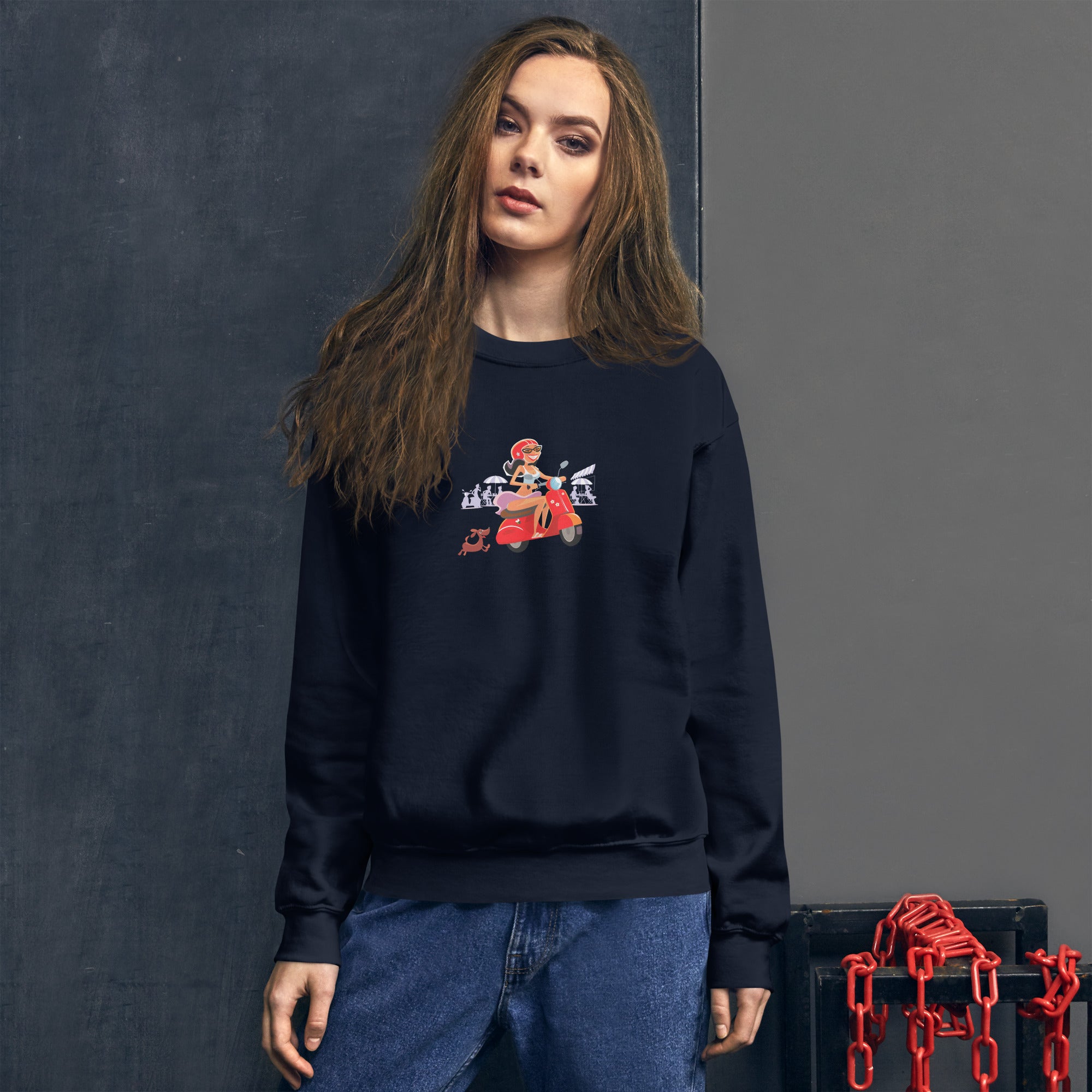 Unisex Sweatshirt Vespa Girl in St Tropez on dark colors