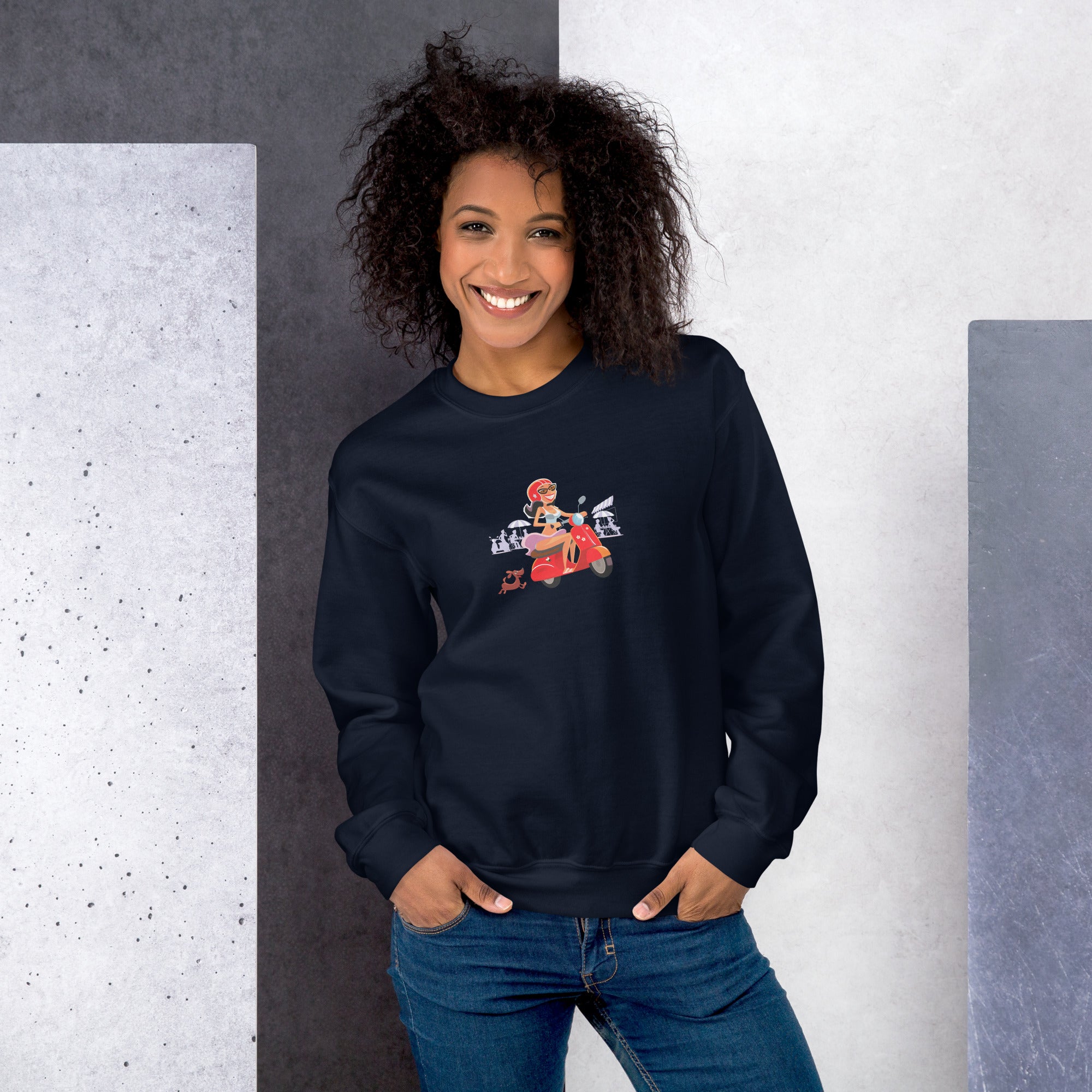 Unisex Sweatshirt Vespa Girl in St Tropez on dark colors