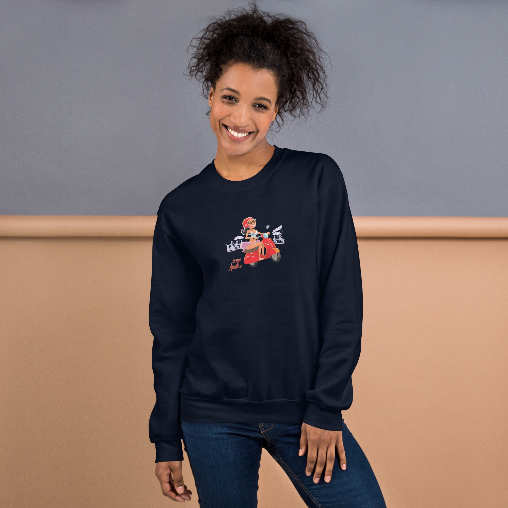 Unisex Sweatshirt Vespa Girl in St Tropez on dark colors
