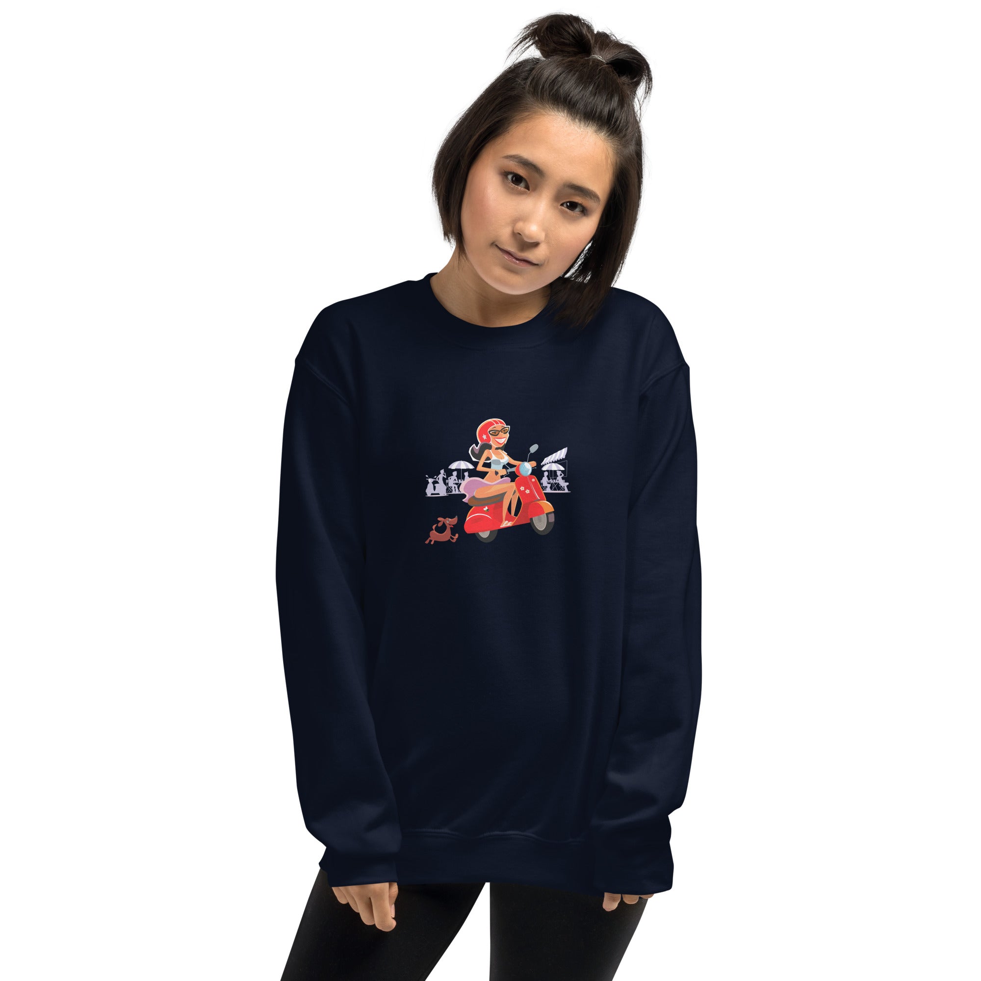 Unisex Sweatshirt Vespa Girl in St Tropez on dark colors