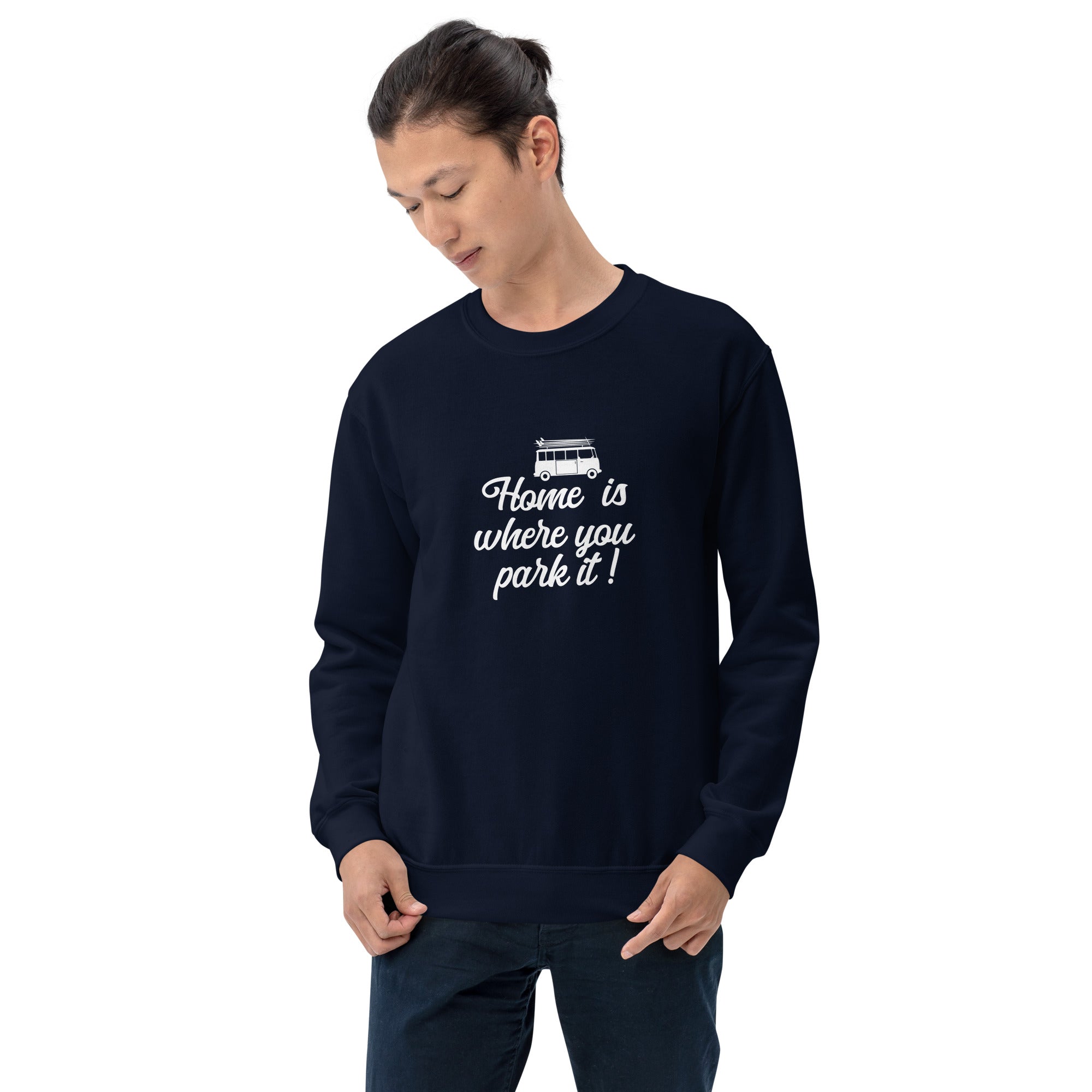 Sweat Unisexe à Col Rond White Surf Combi Home is where you park it sur couleurs foncées
