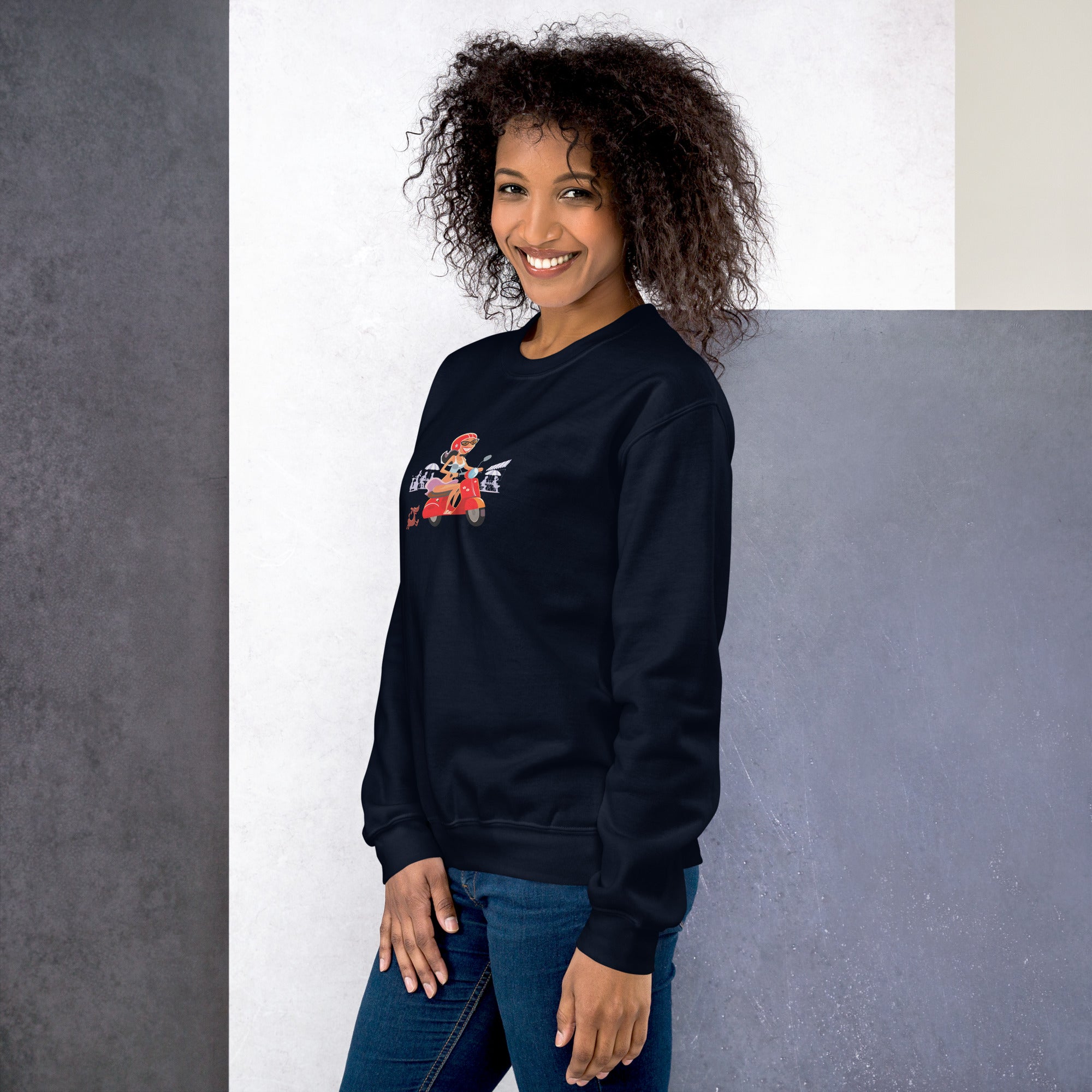 Unisex Sweatshirt Vespa Girl in St Tropez on dark colors