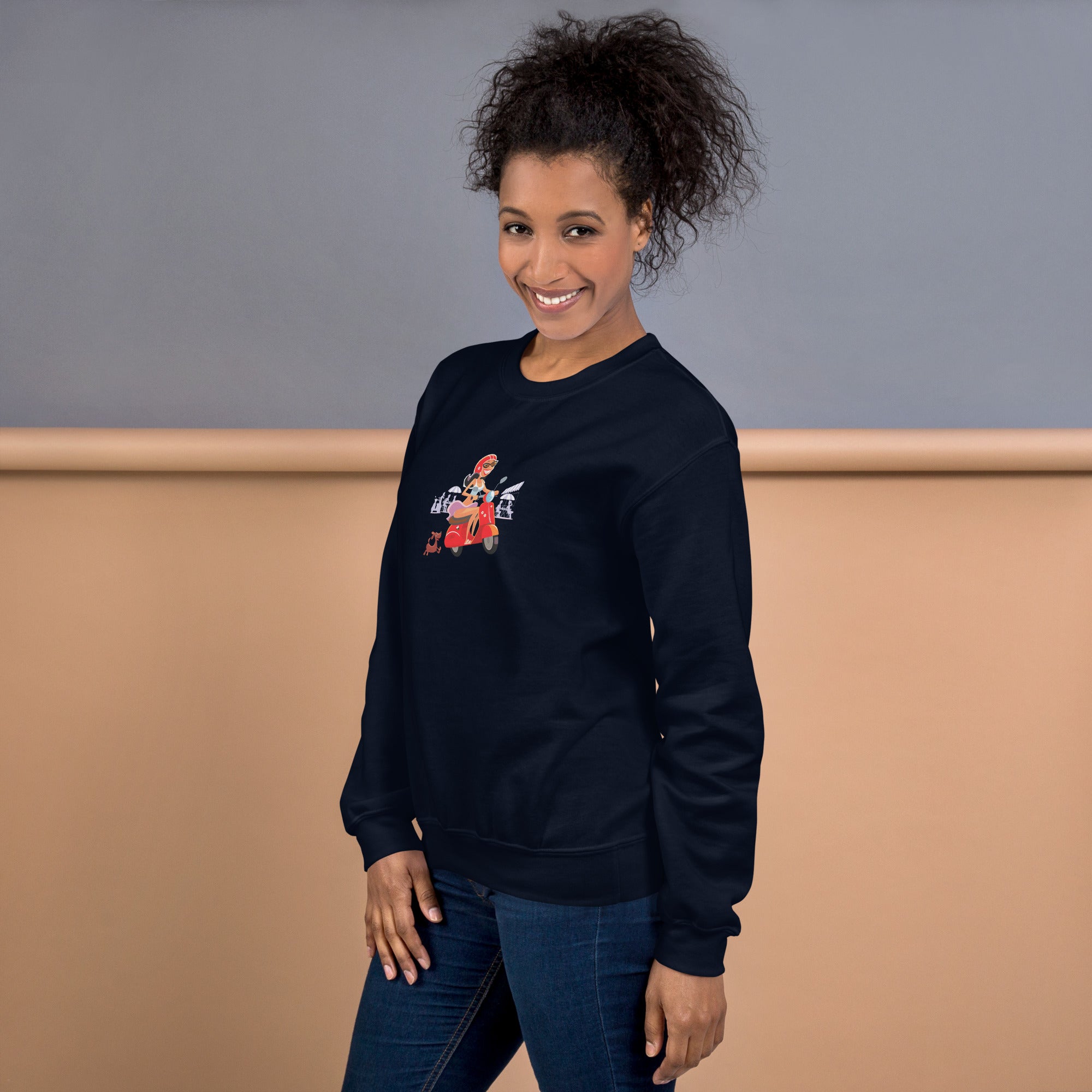 Unisex Sweatshirt Vespa Girl in St Tropez on dark colors