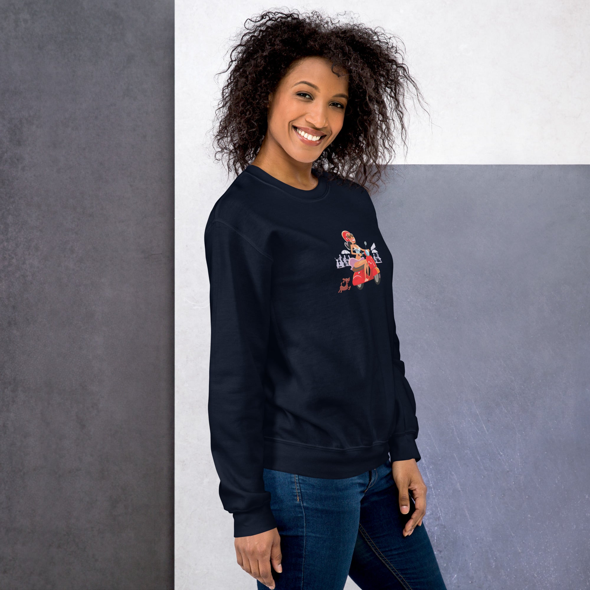 Unisex Sweatshirt Vespa Girl in St Tropez on dark colors