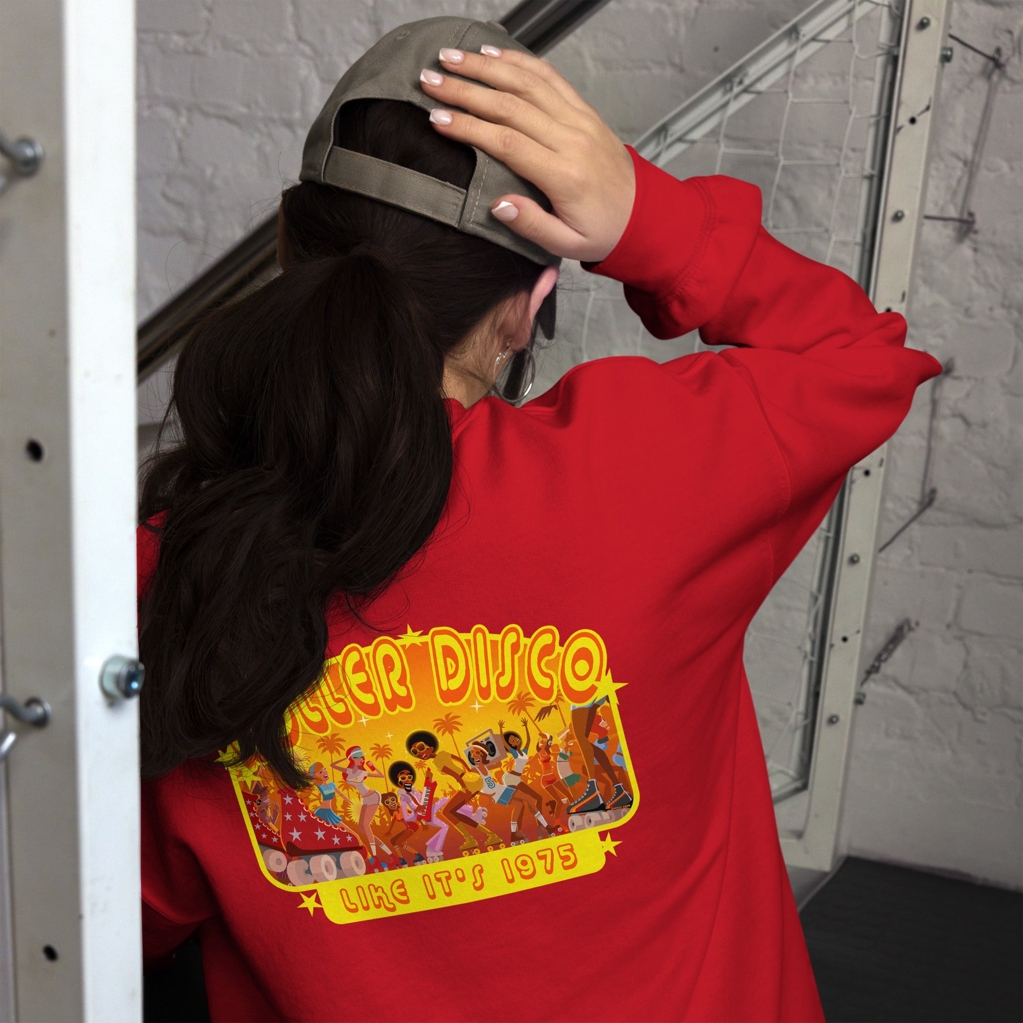 Sweat Unisexe à Col Rond Roller Disco 1975 sur couleurs claires (face & dos)