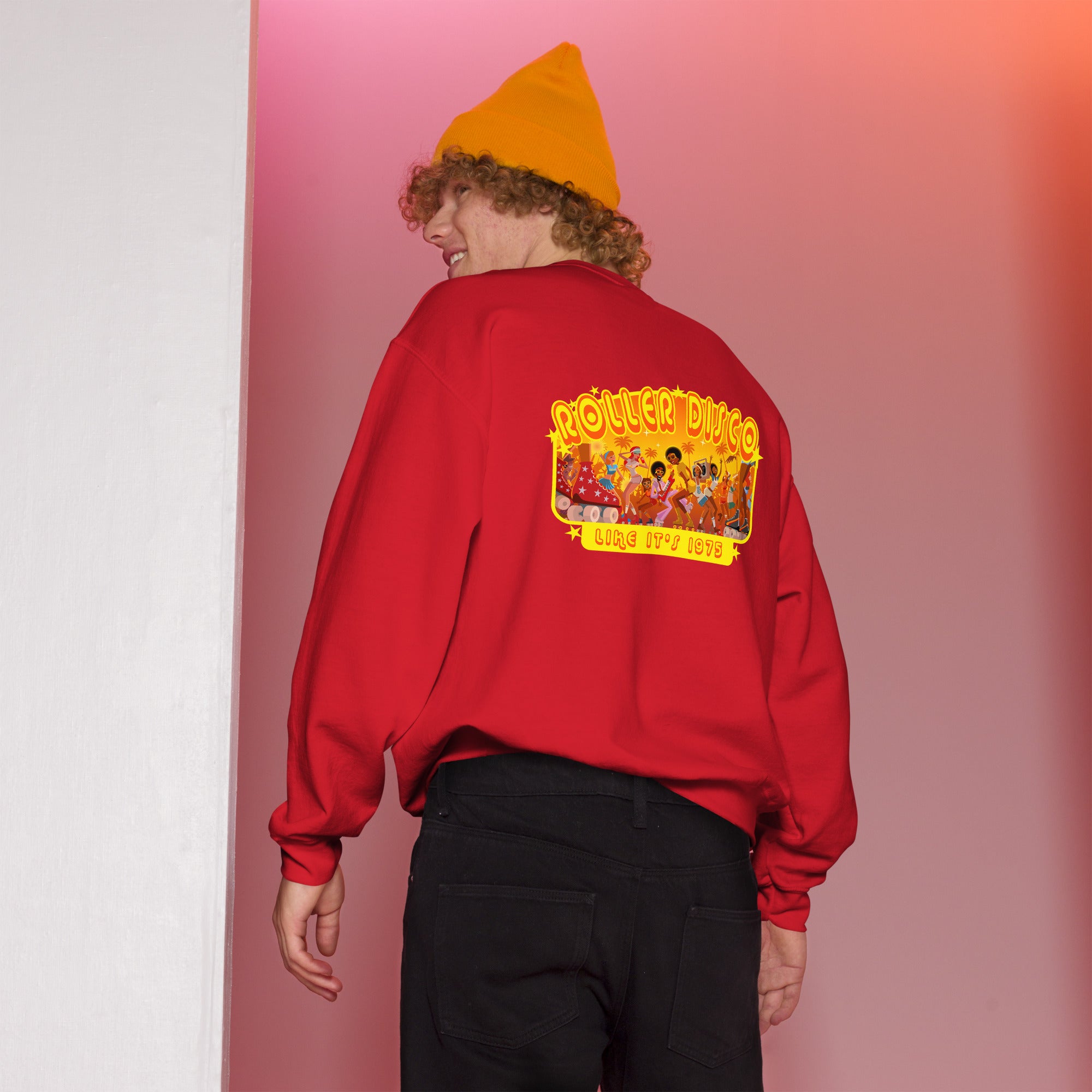 Sweat Unisexe à Col Rond Roller Disco 1975 sur couleurs claires (face & dos)