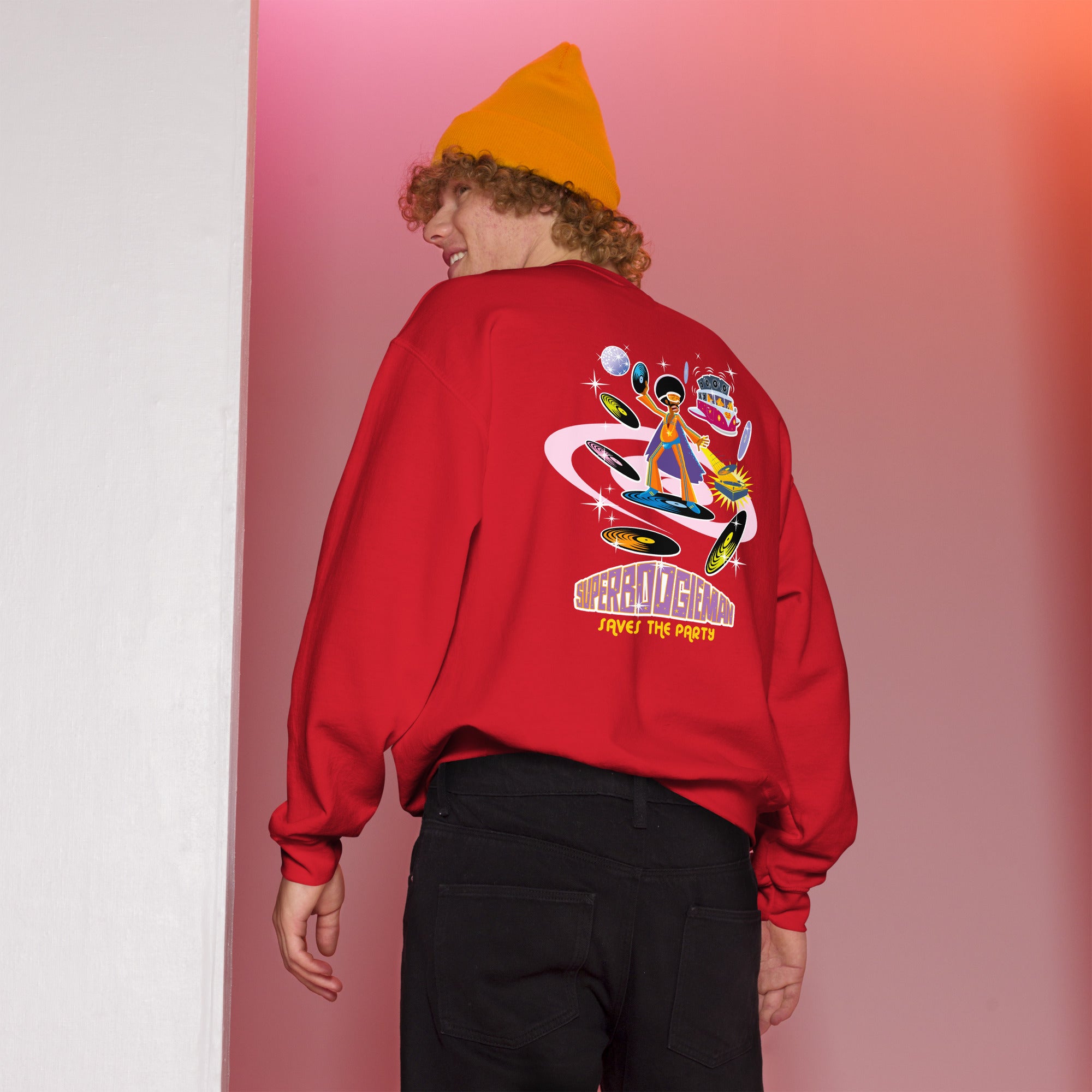 Sweat Unisexe à Col Rond Superboogieman sur couleurs claires (face & dos)