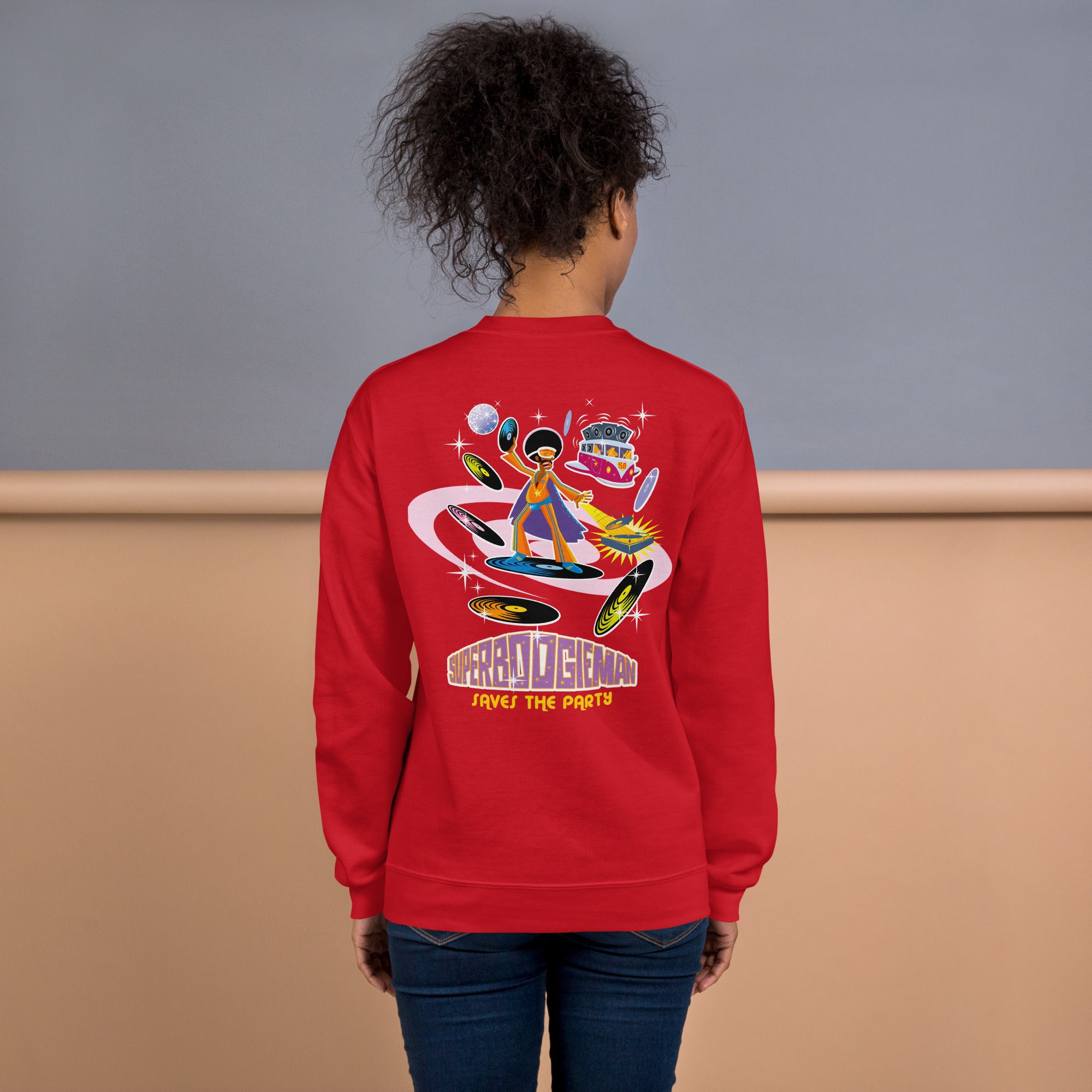 Sweat Unisexe à Col Rond Superboogieman sur couleurs claires (face & dos)