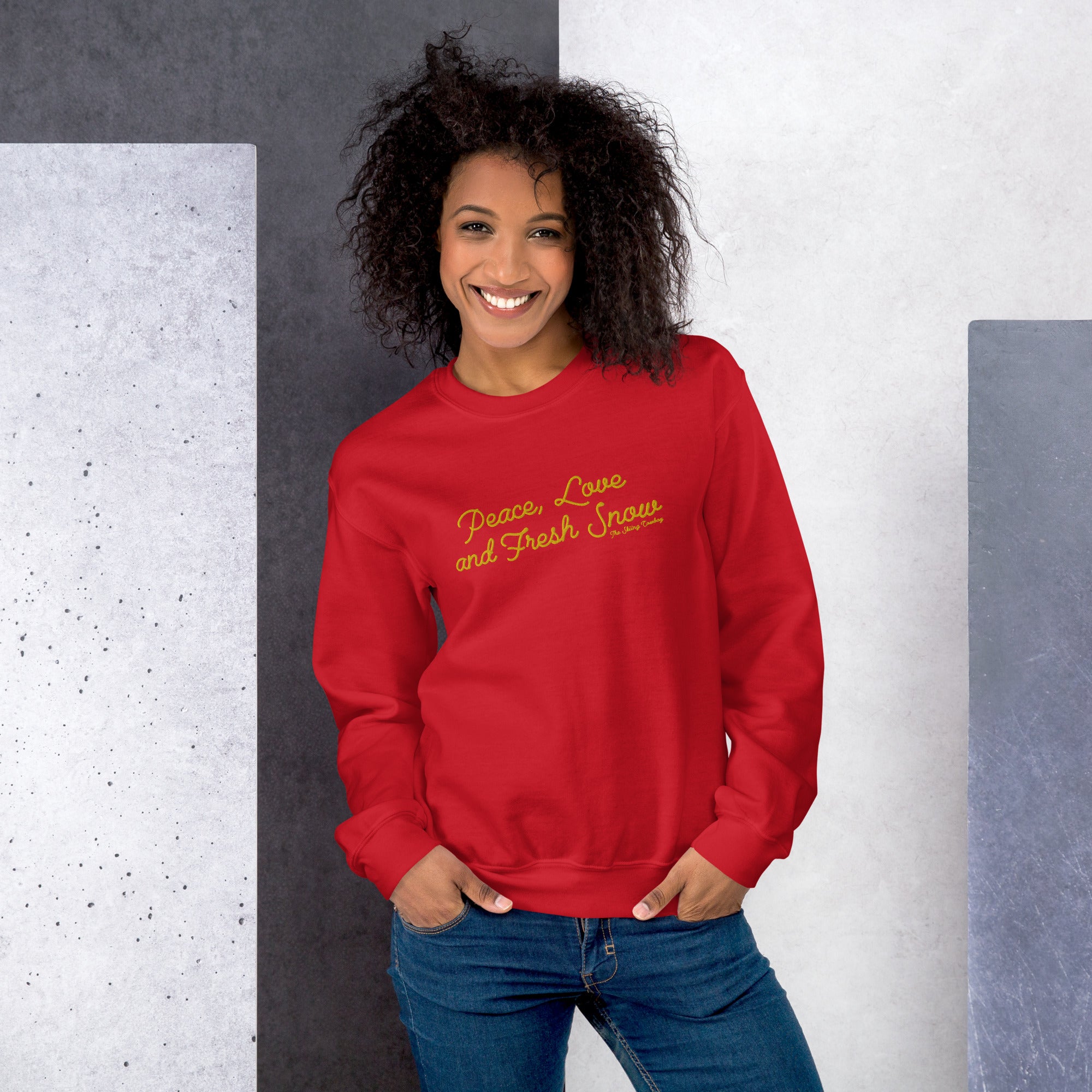 Sweat Unisexe à Col Rond Peace, Love and Fresh Snow grand motif brodé