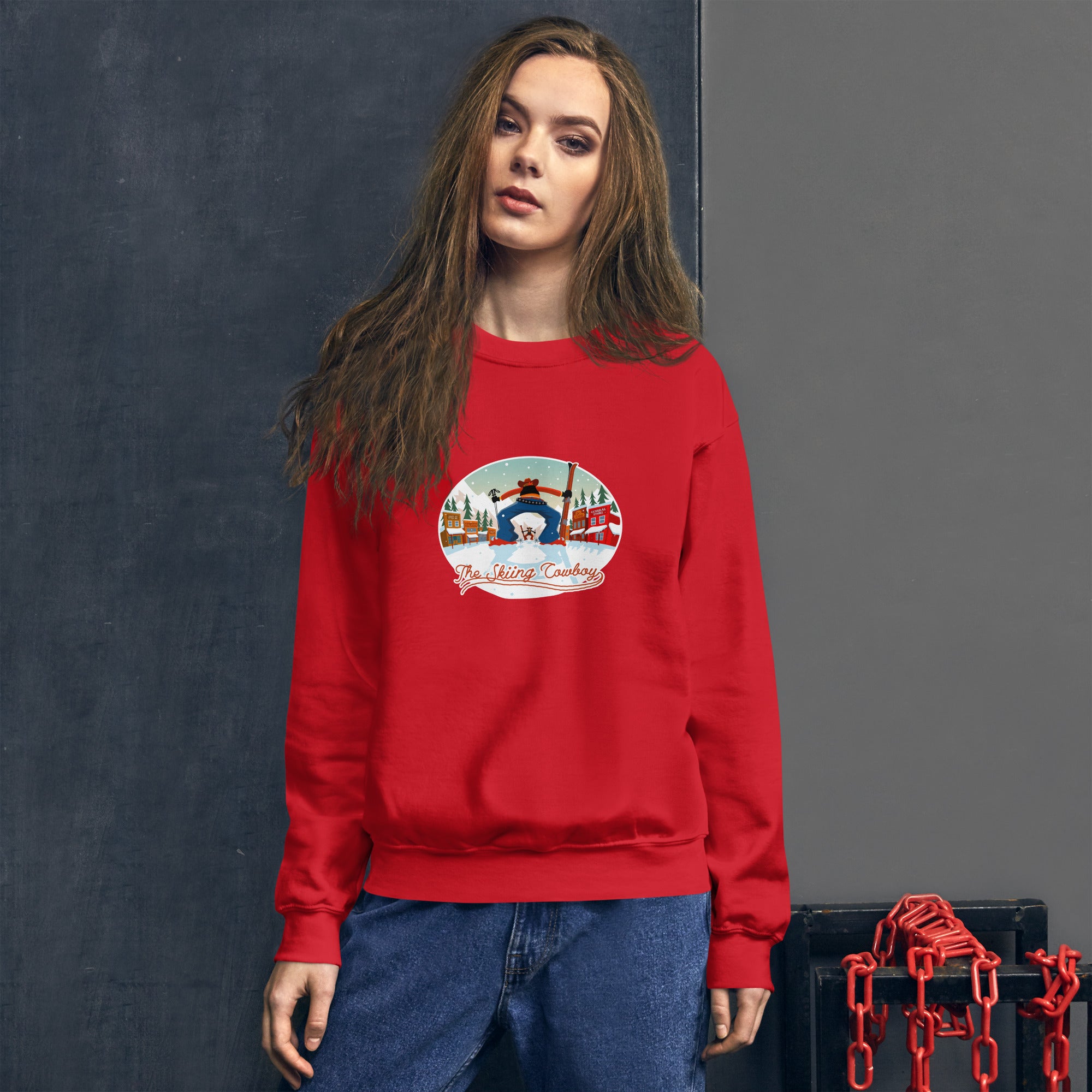 Sweat Unisexe à Col Rond Ski Fight at OK Corral sur couleurs claires (face & dos)