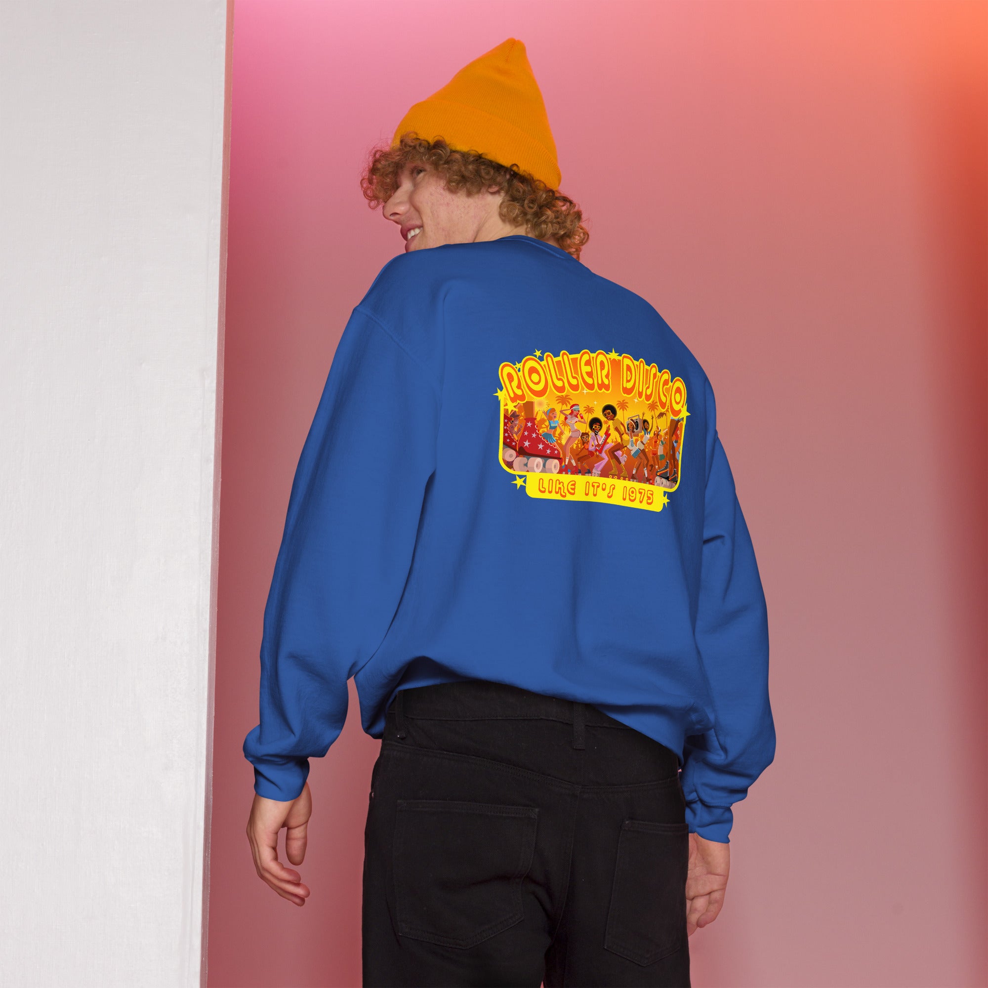 Sweat Unisexe à Col Rond Roller Disco 1975 sur couleurs claires (face & dos)
