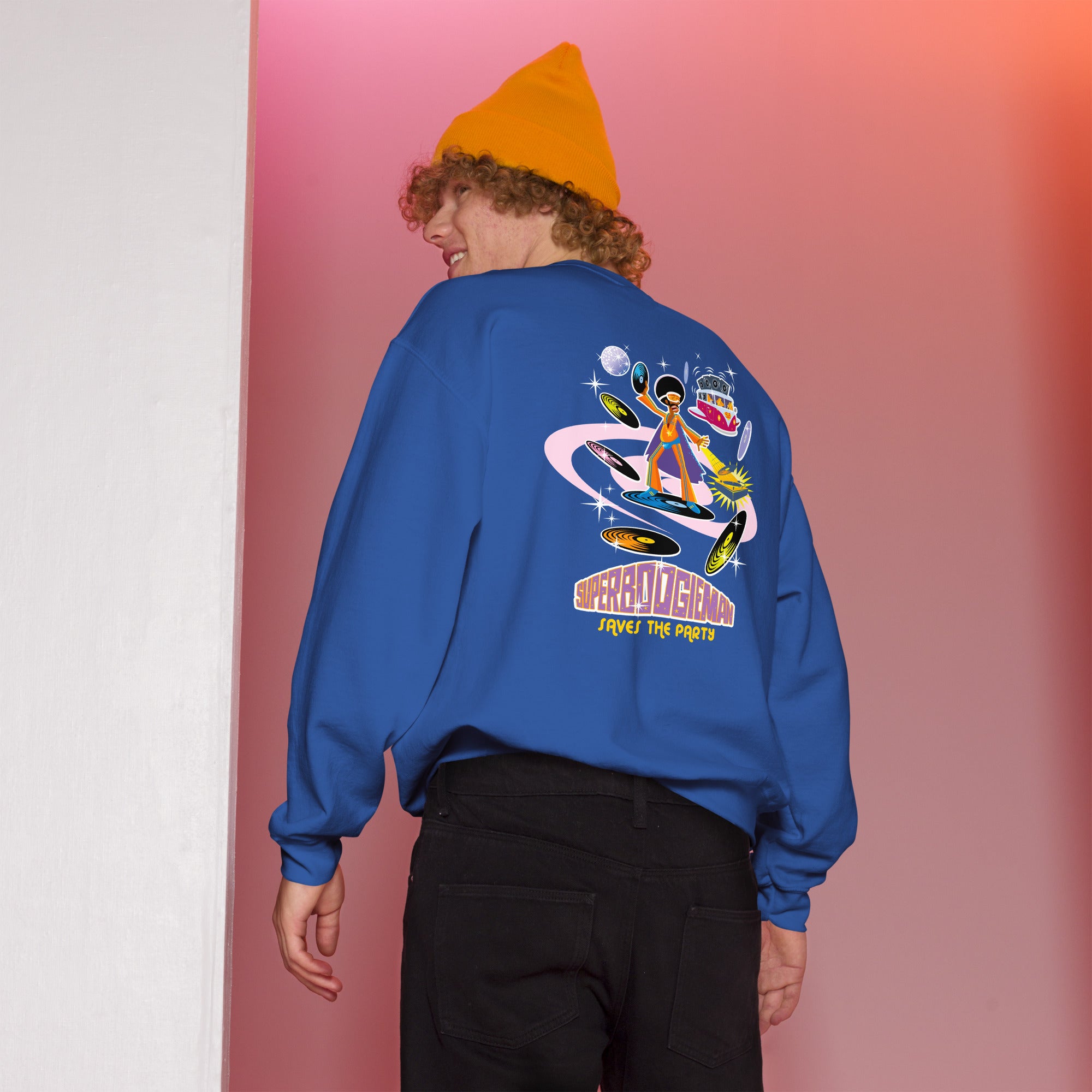 Sweat Unisexe à Col Rond Superboogieman sur couleurs claires (face & dos)