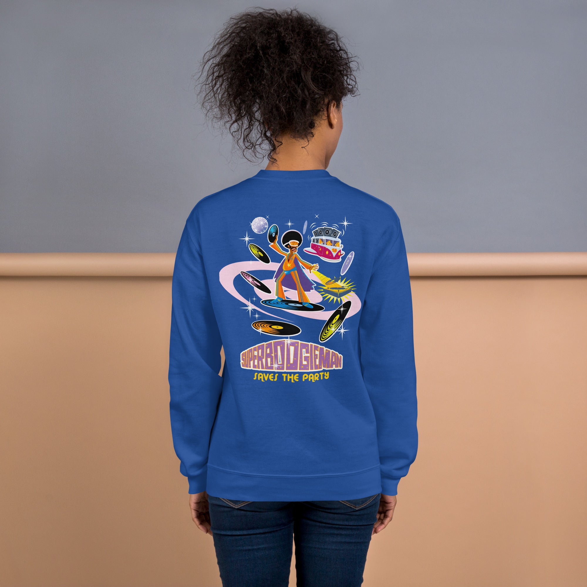 Sweat Unisexe à Col Rond Superboogieman sur couleurs claires (face & dos)