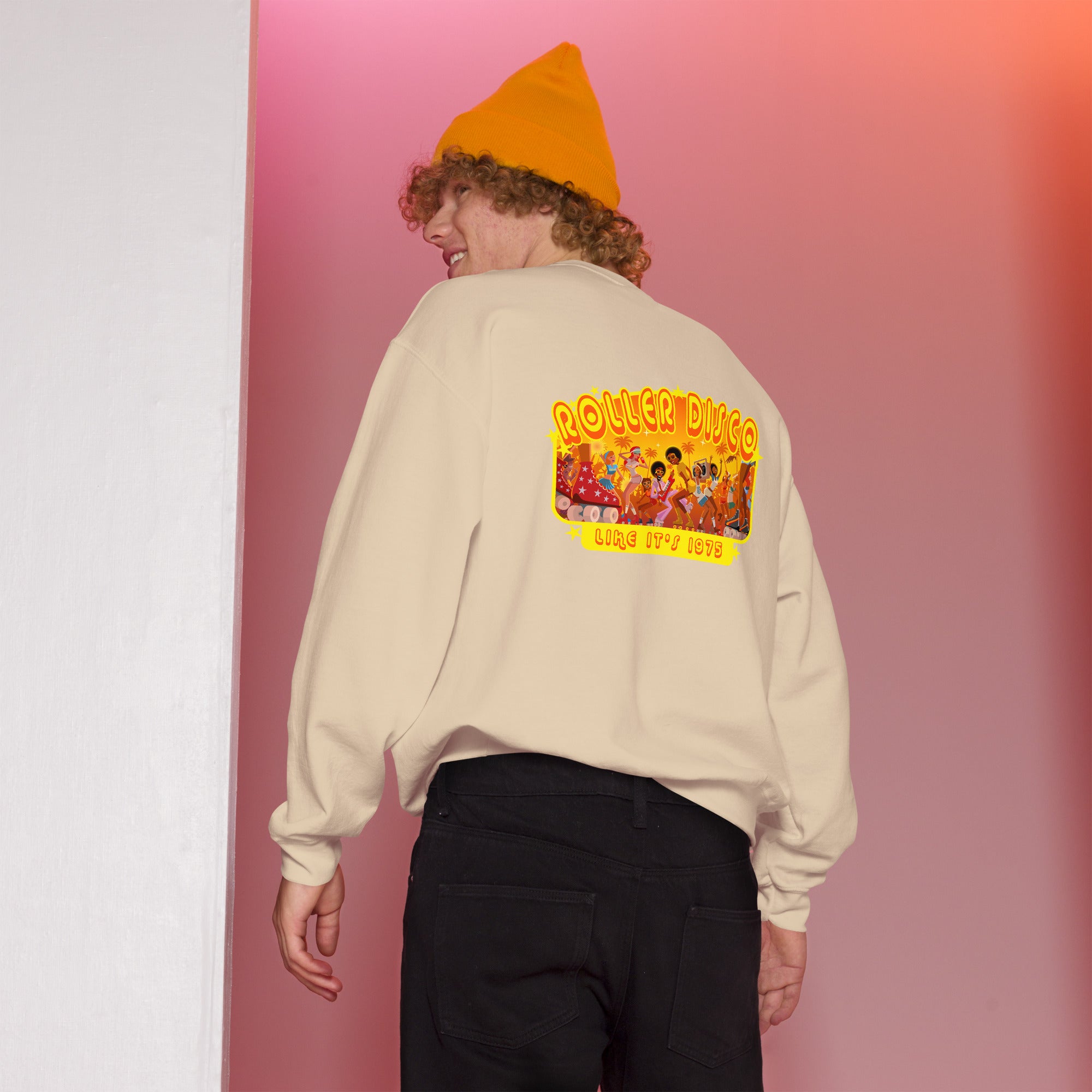 Sweat Unisexe à Col Rond Roller Disco 1975 sur couleurs claires (face & dos)