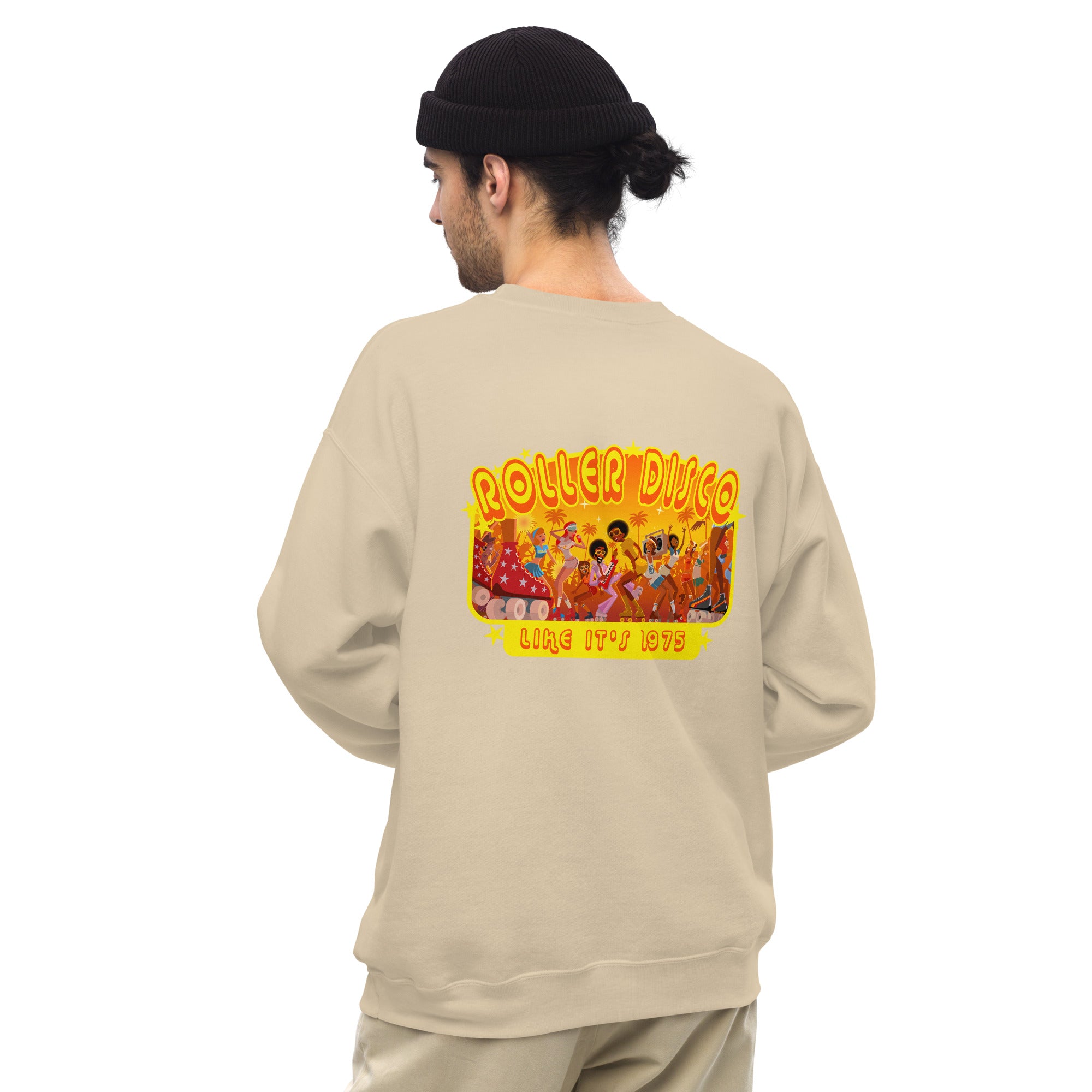 Sweat Unisexe à Col Rond Roller Disco 1975 sur couleurs claires (face & dos)