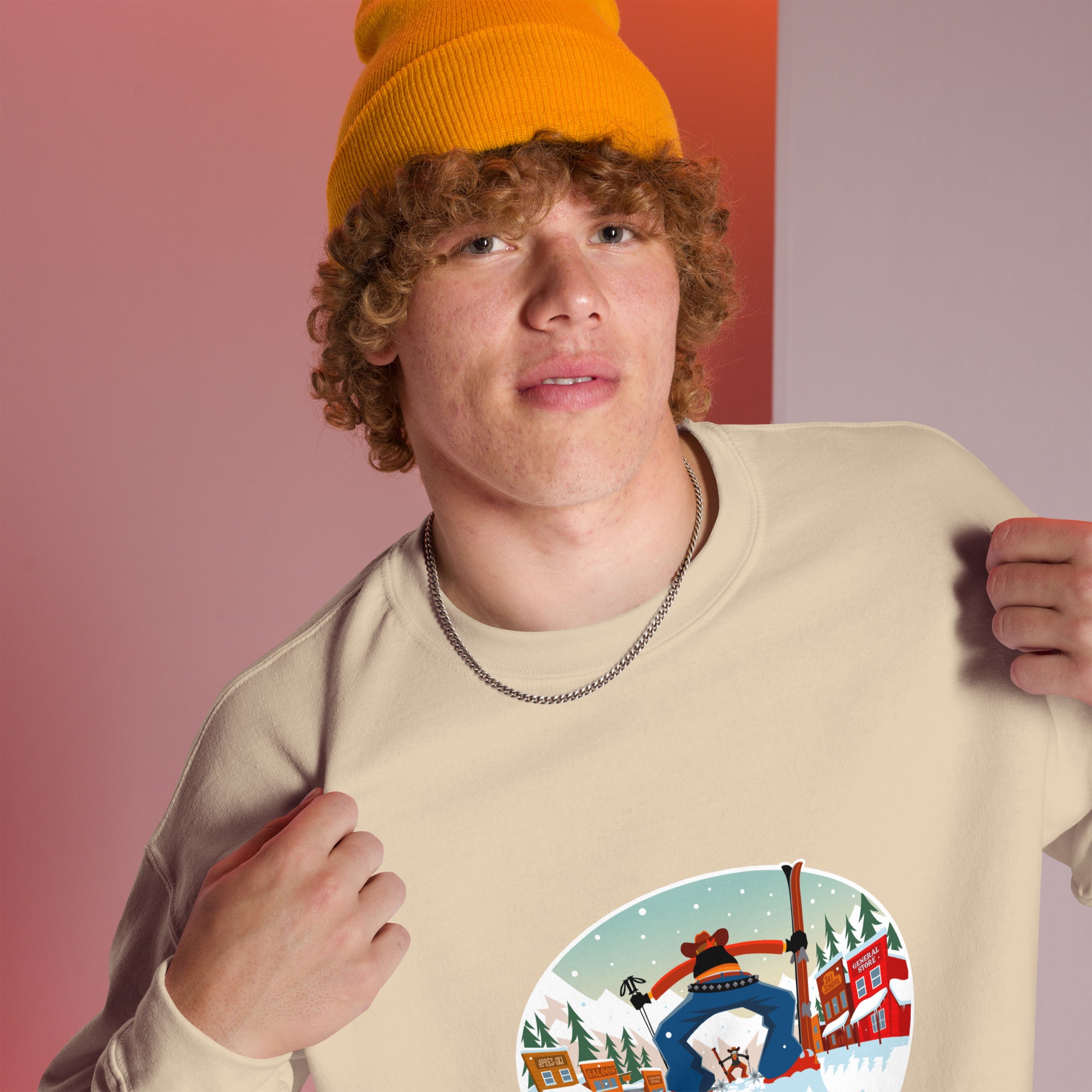 Sweat Unisexe à Col Rond Ski Fight at OK Corral sur couleurs claires (face & dos)