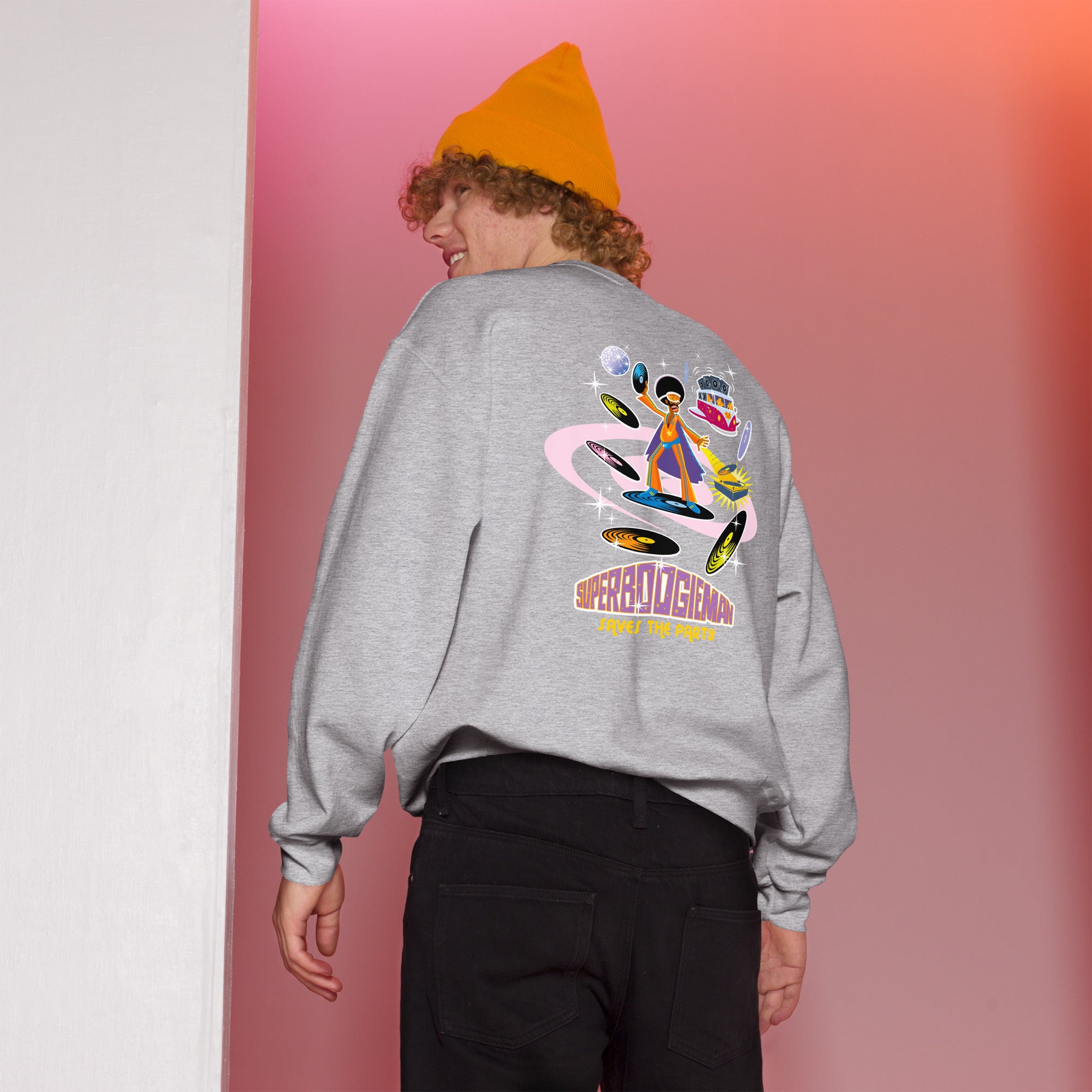 Sweat Unisexe à Col Rond Superboogieman sur couleurs claires (face & dos)