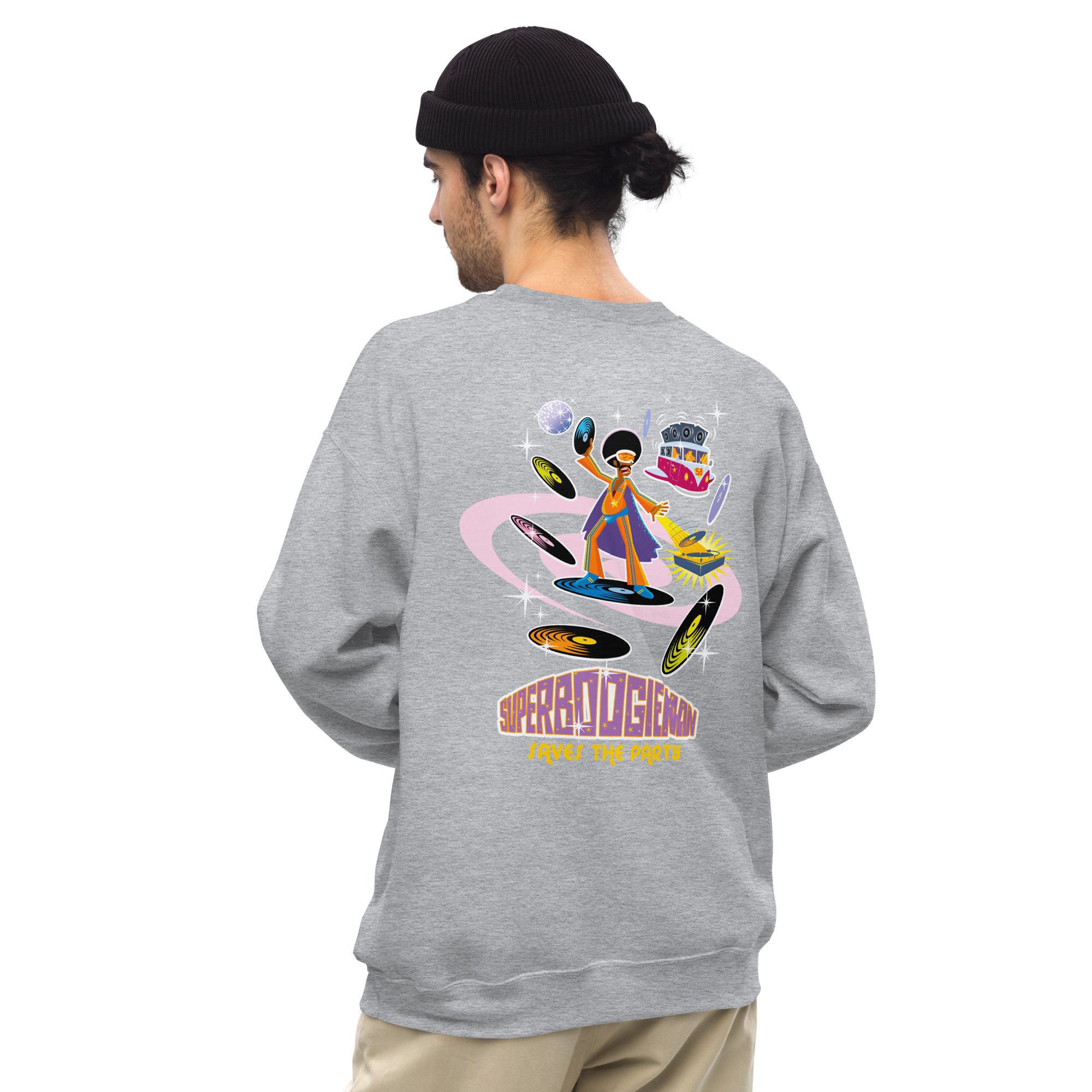 Sweat Unisexe à Col Rond Superboogieman sur couleurs claires (face & dos)