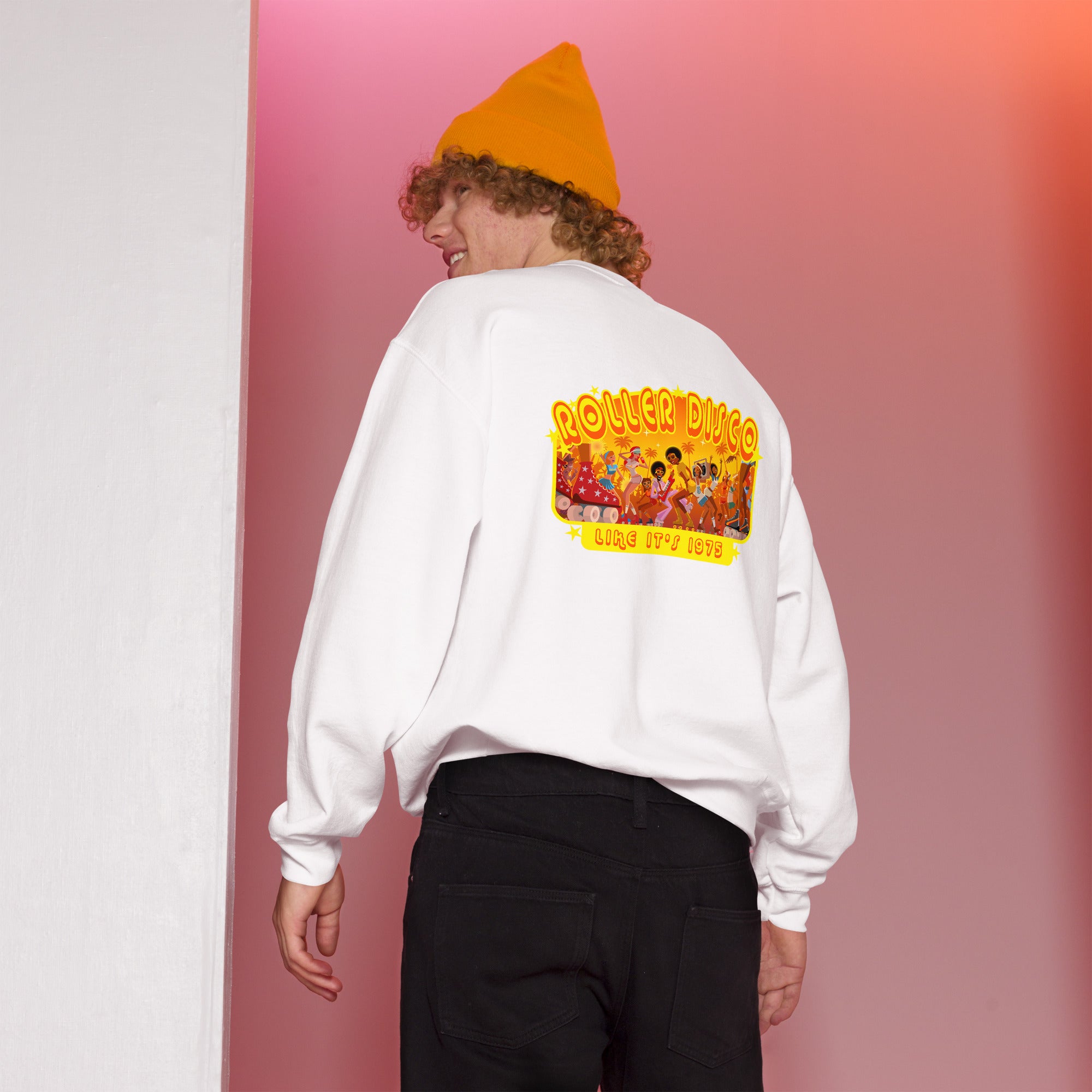 Sweat Unisexe à Col Rond Roller Disco 1975 sur couleurs claires (face & dos)