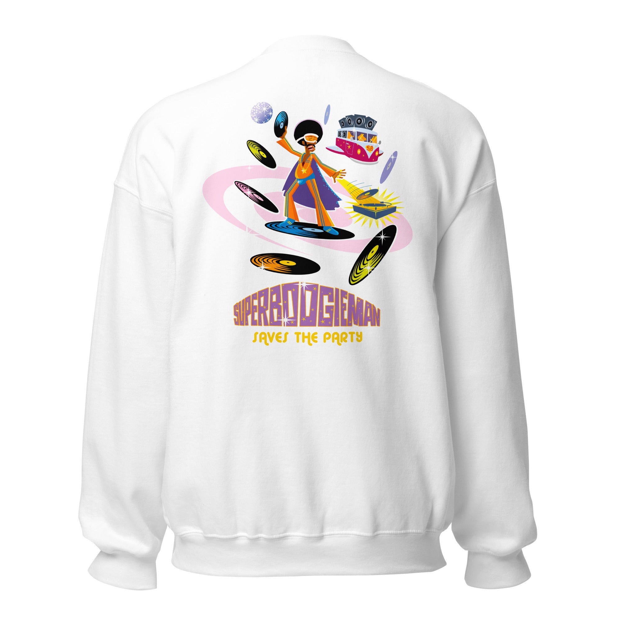 Sweat Unisexe à Col Rond Superboogieman sur couleurs claires (face & dos)