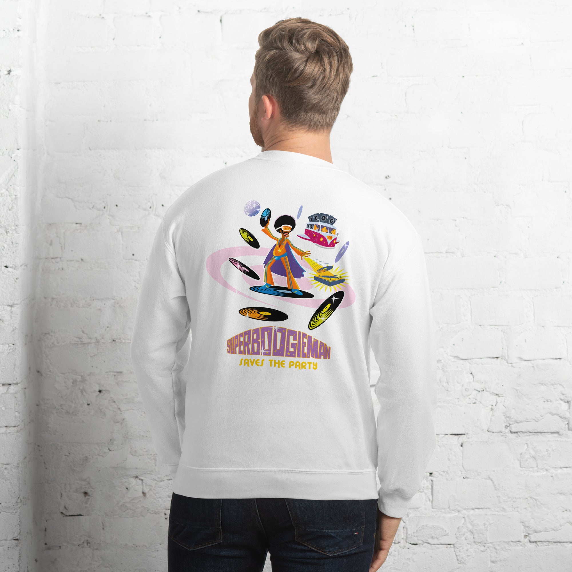 Sweat Unisexe à Col Rond Superboogieman sur couleurs claires (face & dos)