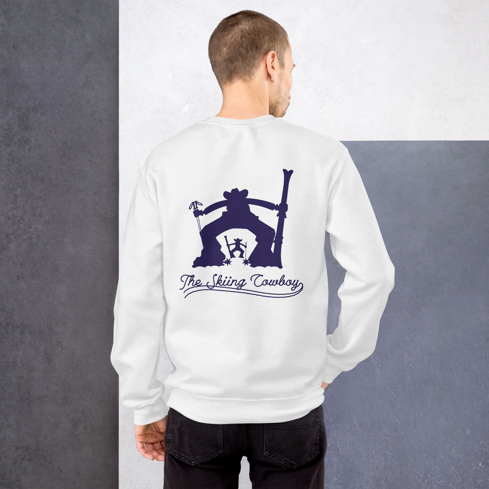 Sweat Unisexe à Col Rond Skiing Cowboy & Ski Fight at OK Corral Silhouette sur couleurs claires (face & dos)