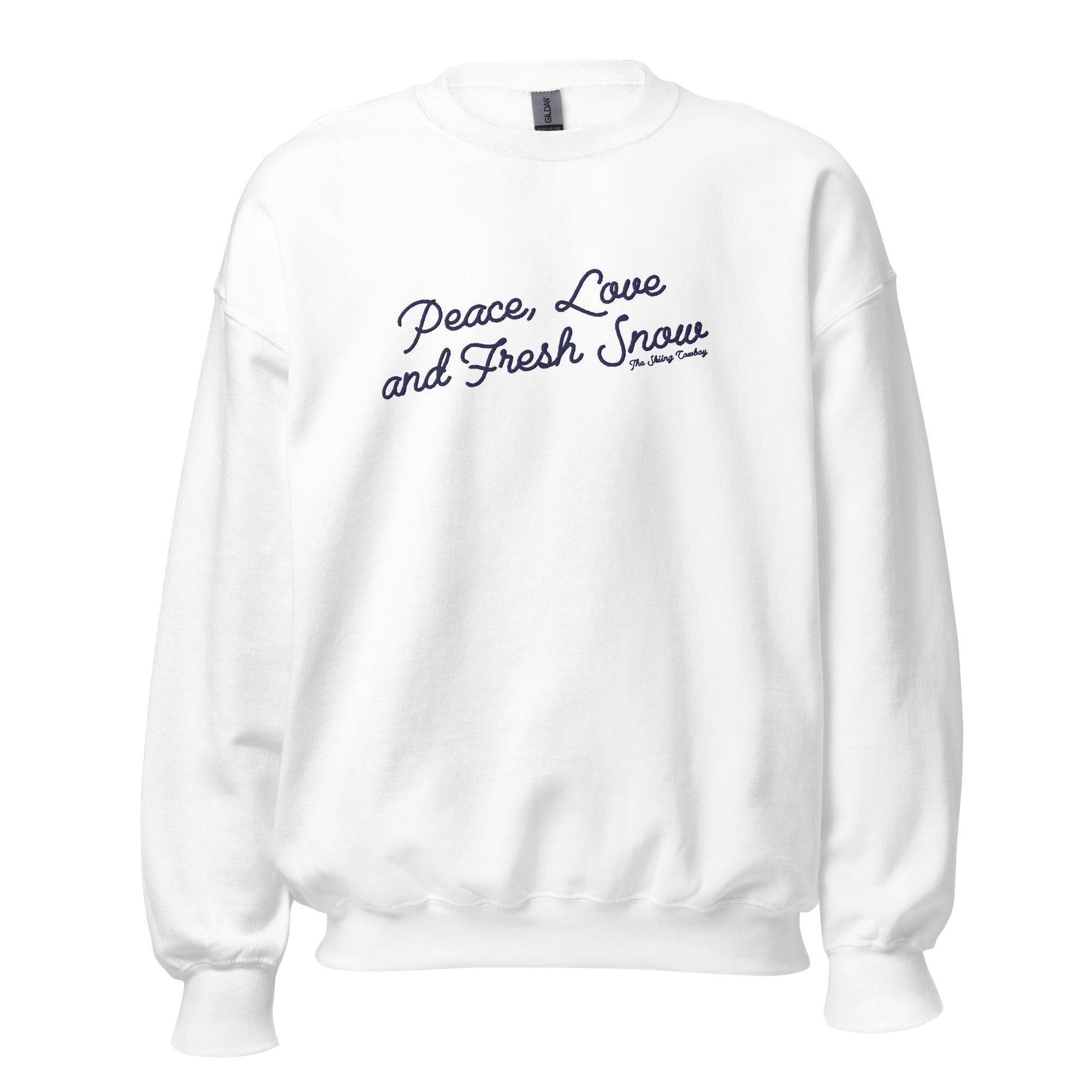 Sweat Unisexe à Col Rond Peace, Love and Fresh Snow grand motif bleu marine brodée