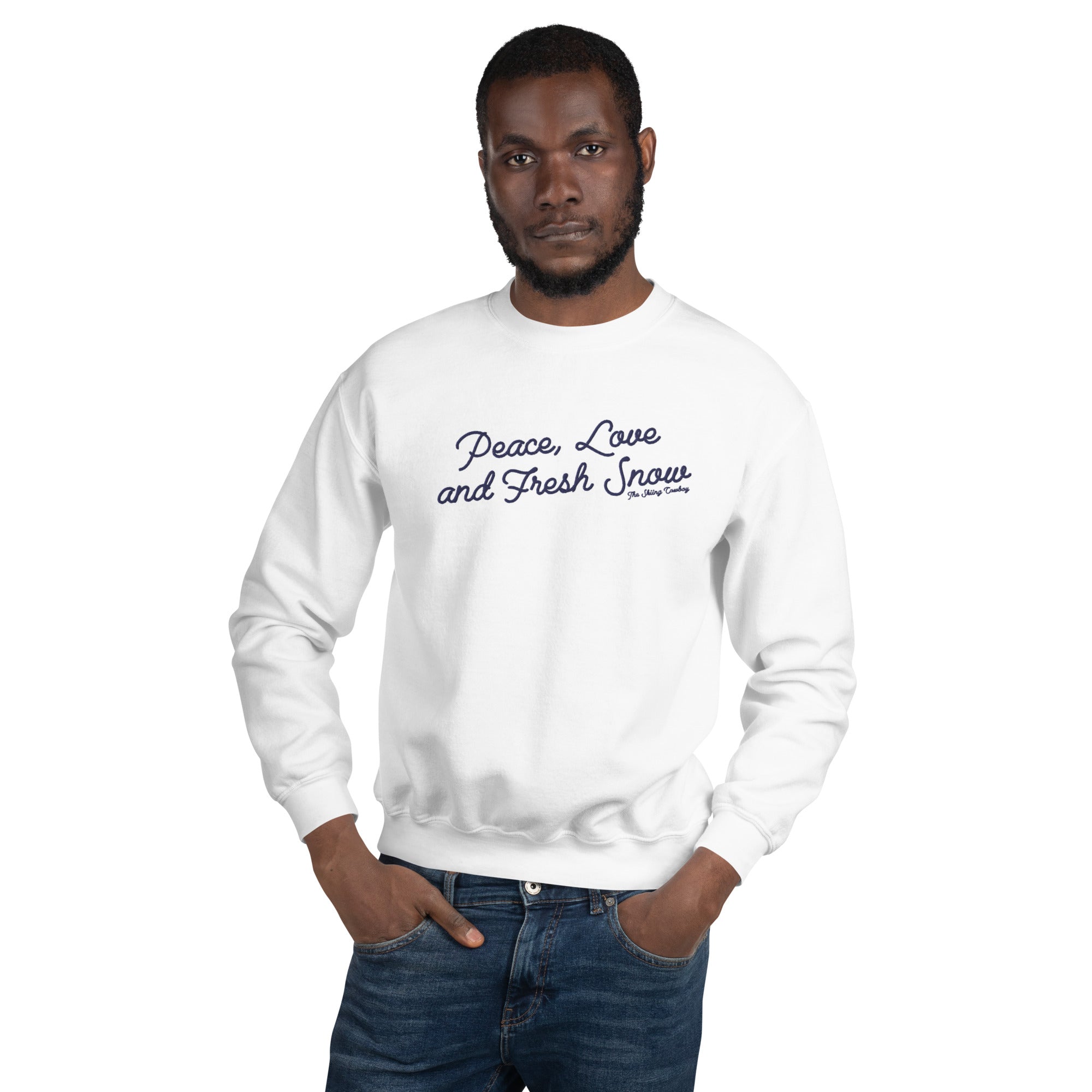 Sweat Unisexe à Col Rond Peace, Love and Fresh Snow grand motif bleu marine brodée