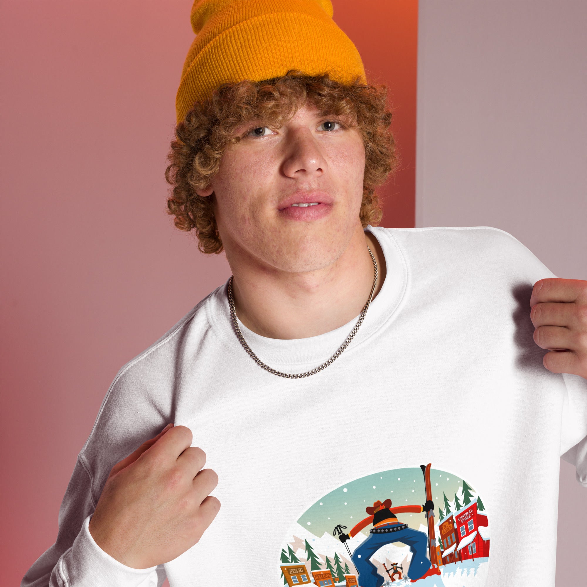 Sweat Unisexe à Col Rond Ski Fight at OK Corral sur couleurs claires (face & dos)