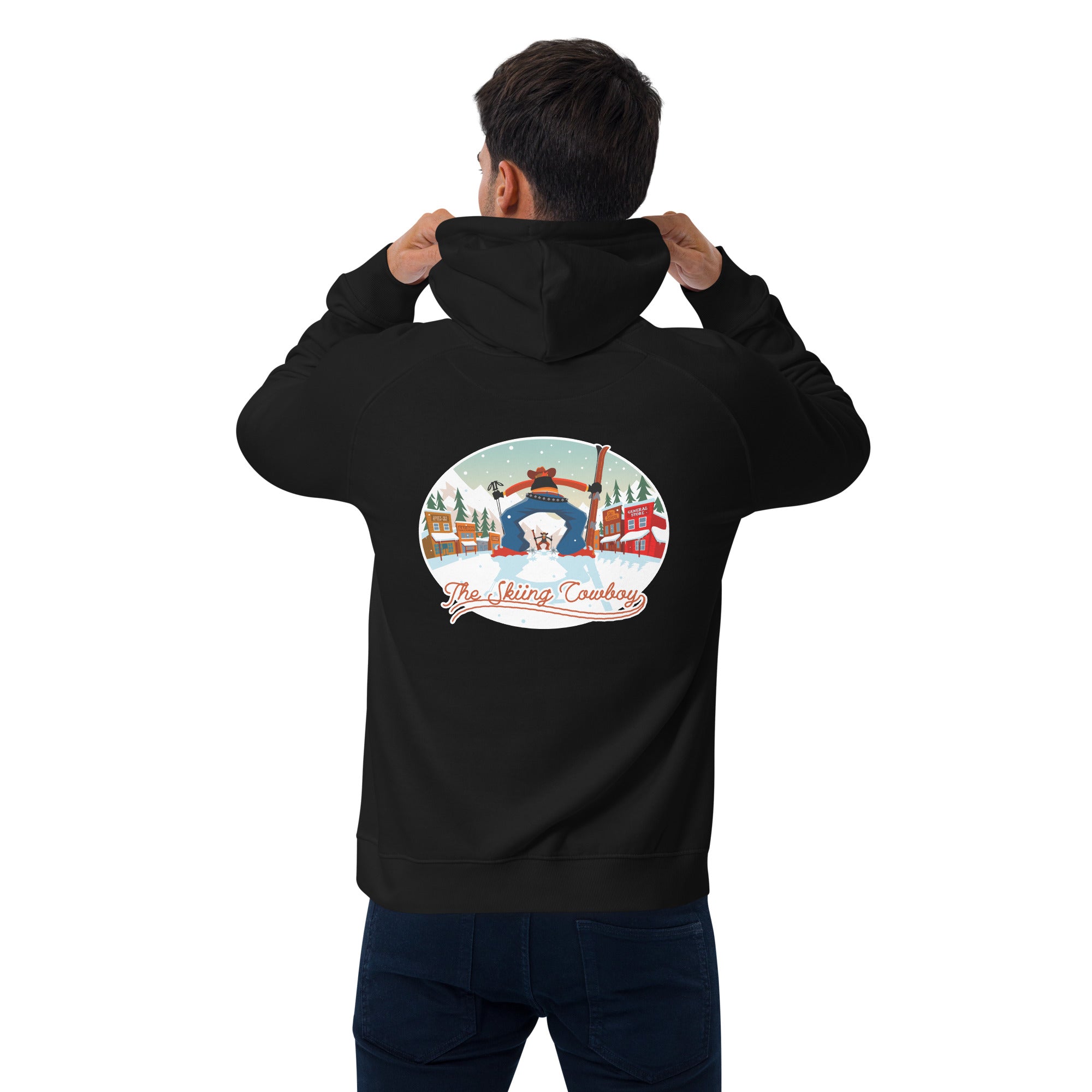 Unisex eco raglan hoodie Skiing Duel (front & back)