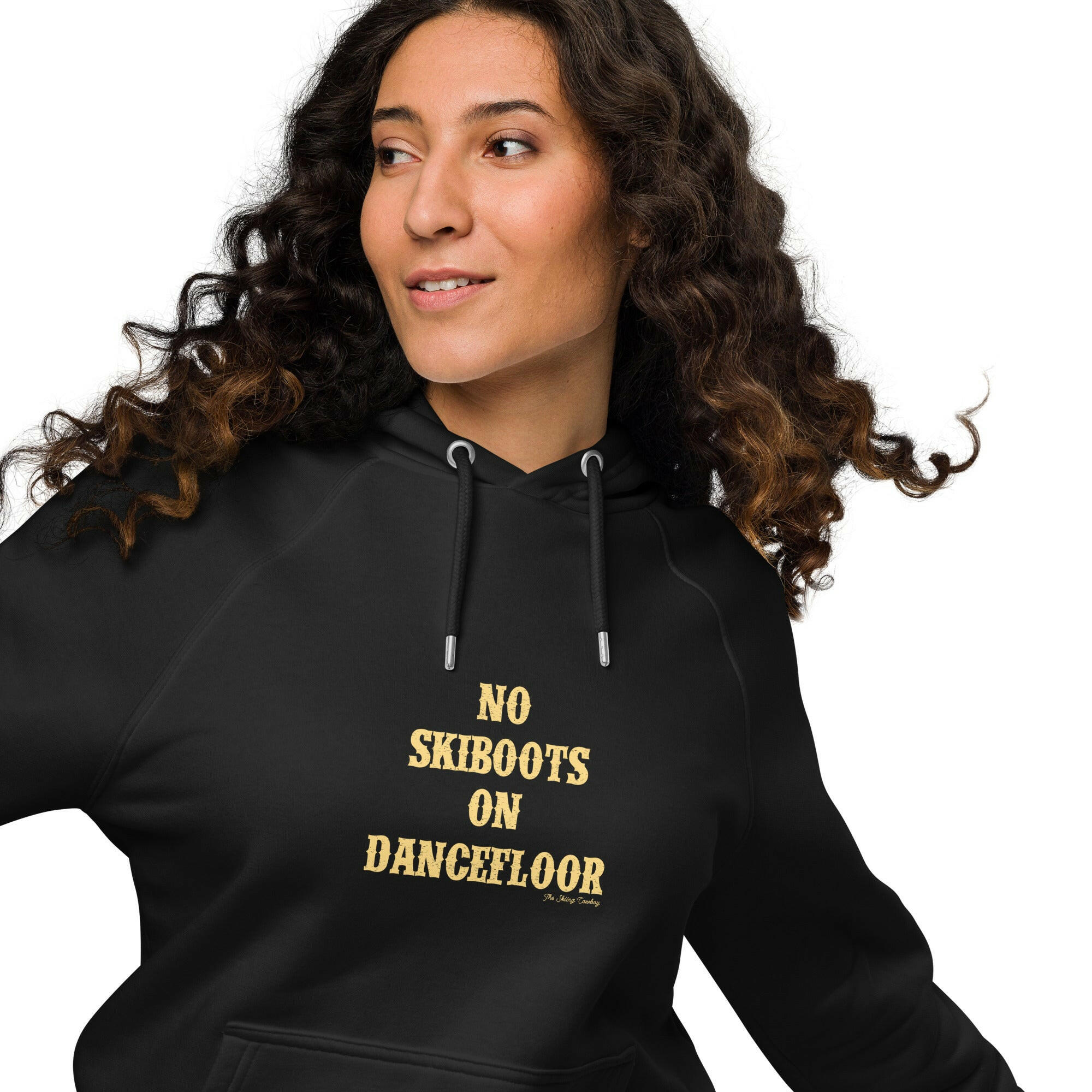 Unisex eco raglan hoodie No Skiboots on Dancefloor on dark colors