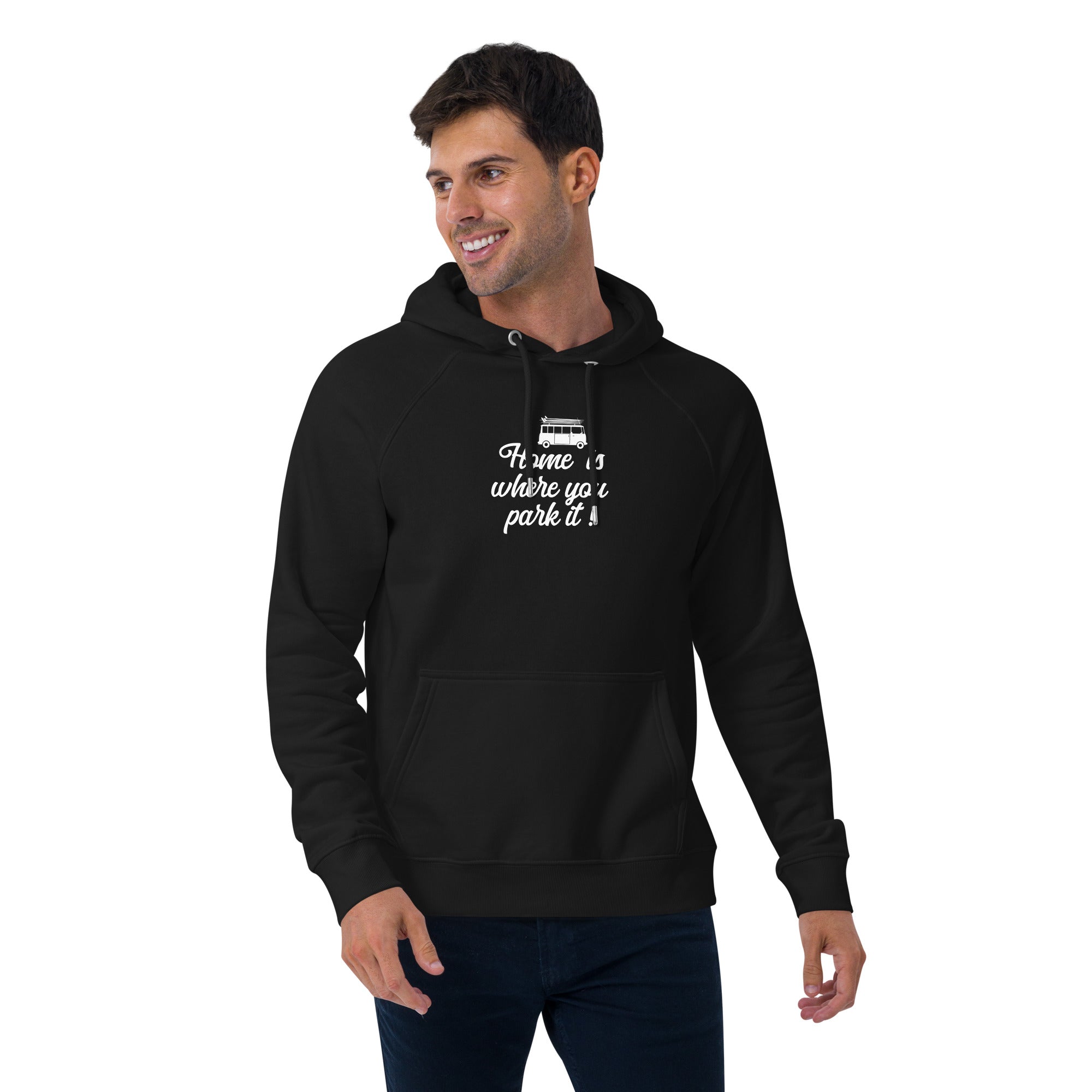 Unisex eco raglan hoodie White Surf Combi Home is where you park it