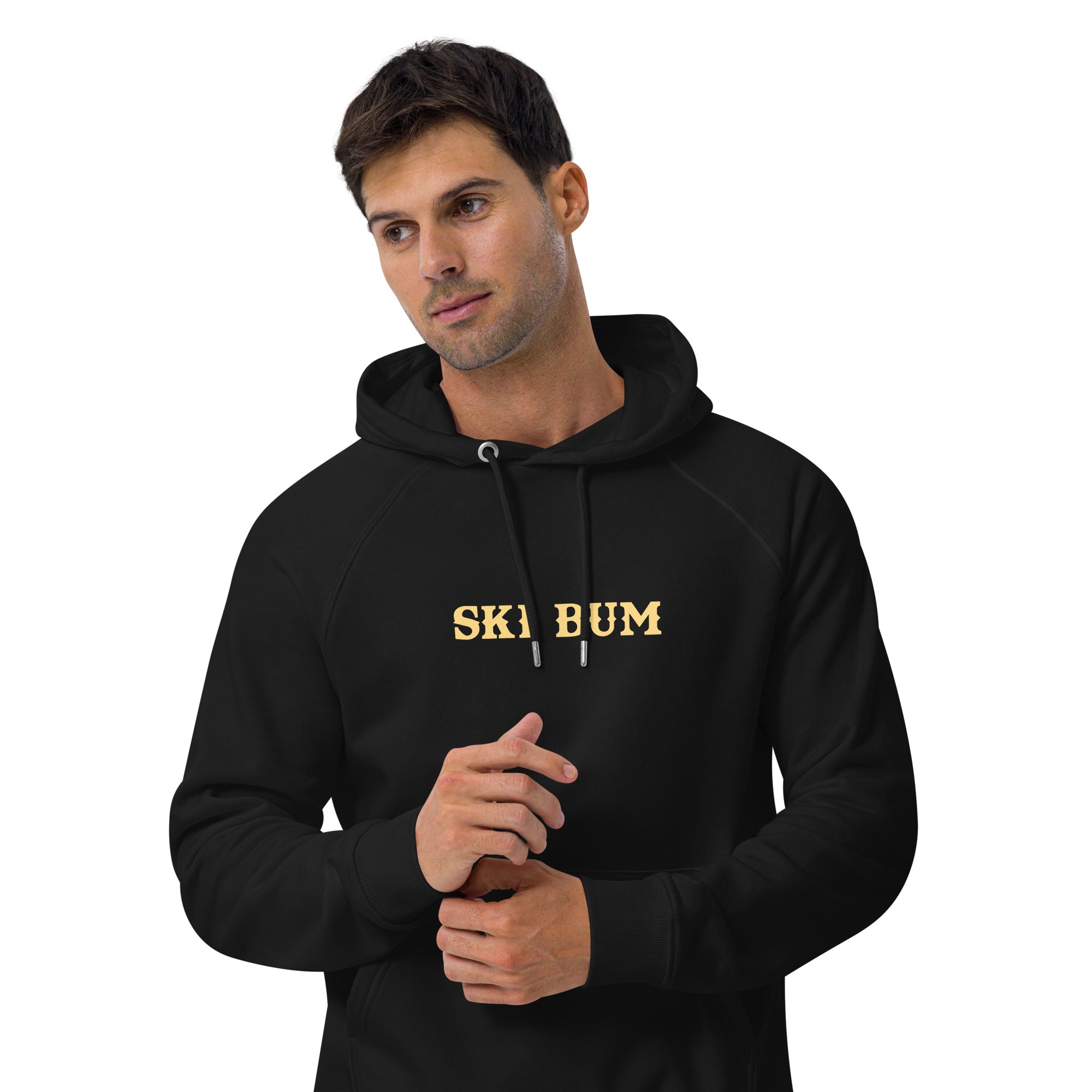 Unisex eco raglan hoodie Ski Bum light text