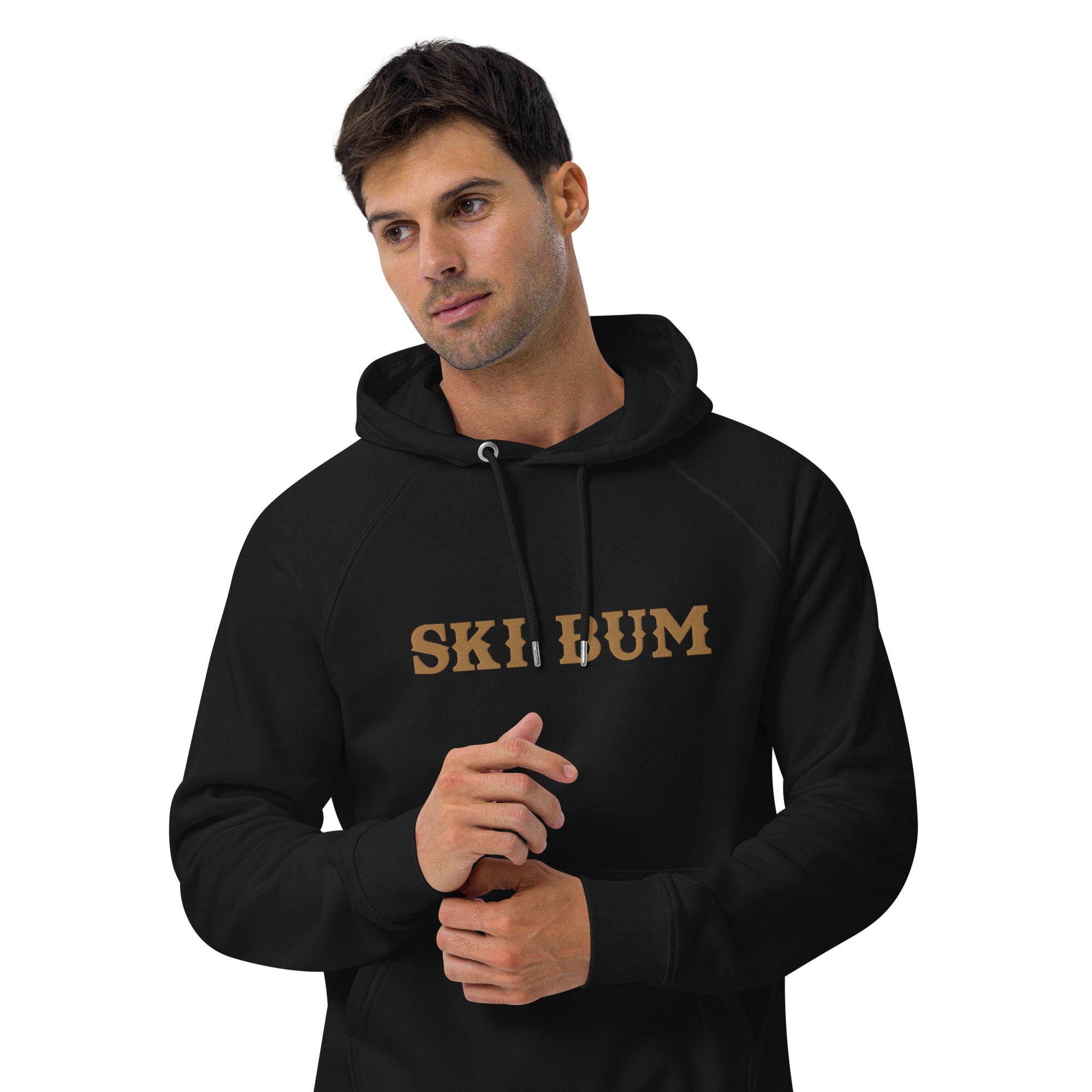 Sweat à capuche écologique Raglan unisexe Ski Bum grand motif brodé old gold