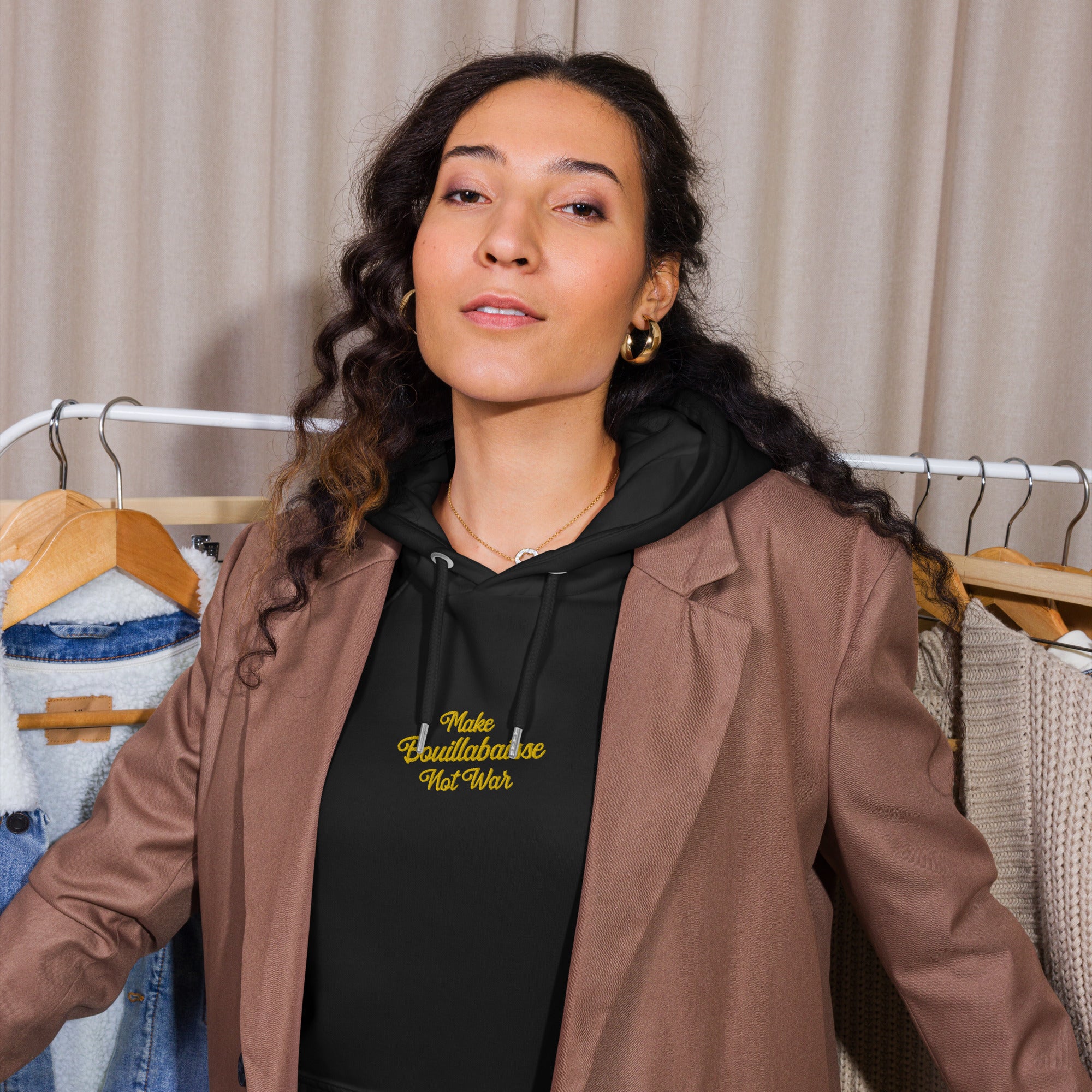 Unisex eco raglan hoodie Make Bouillabaisse Not War embroidered pattern (front) + print (back)