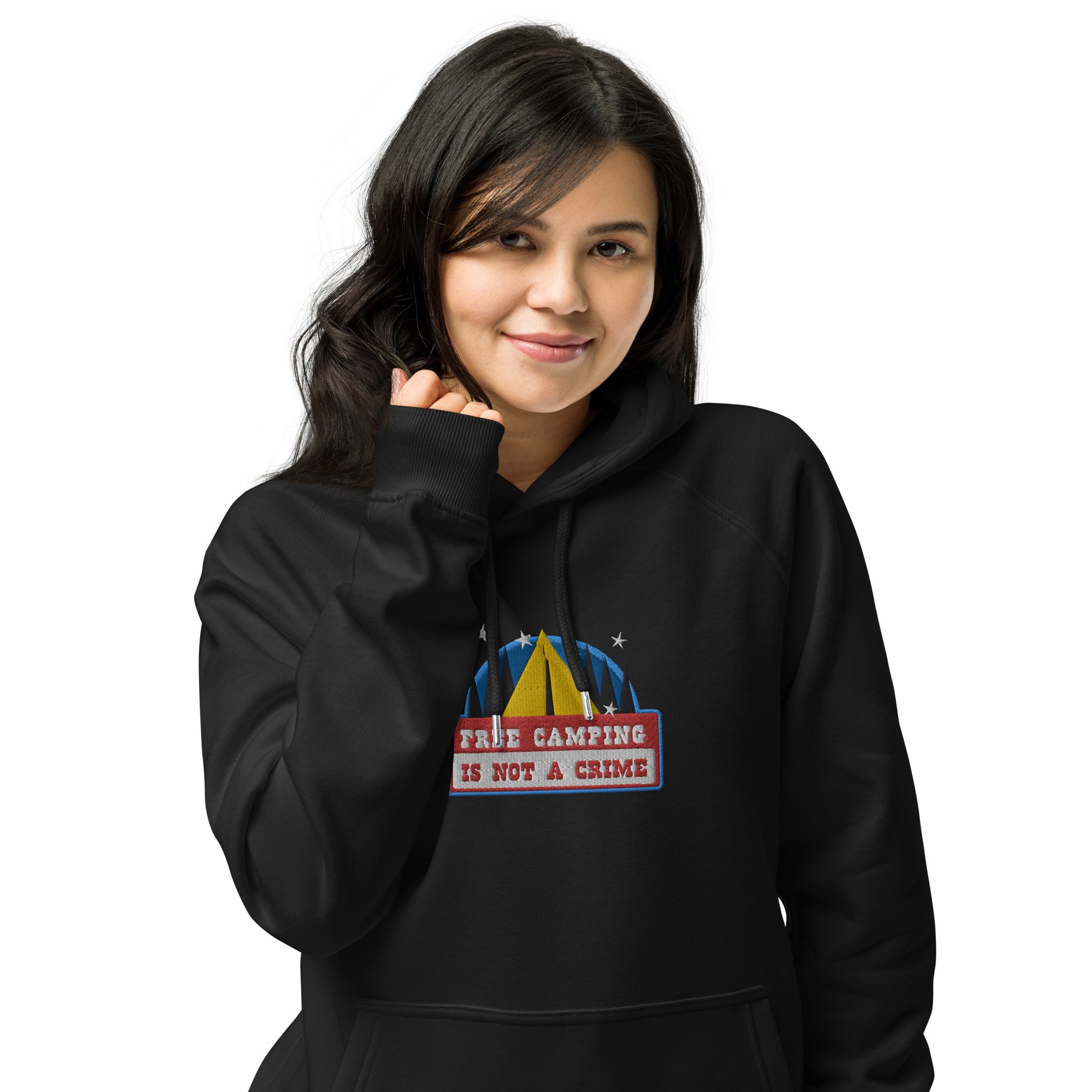 Unisex eco raglan hoodie Free camping is not a crime graphic multicolor embroidered pattern
