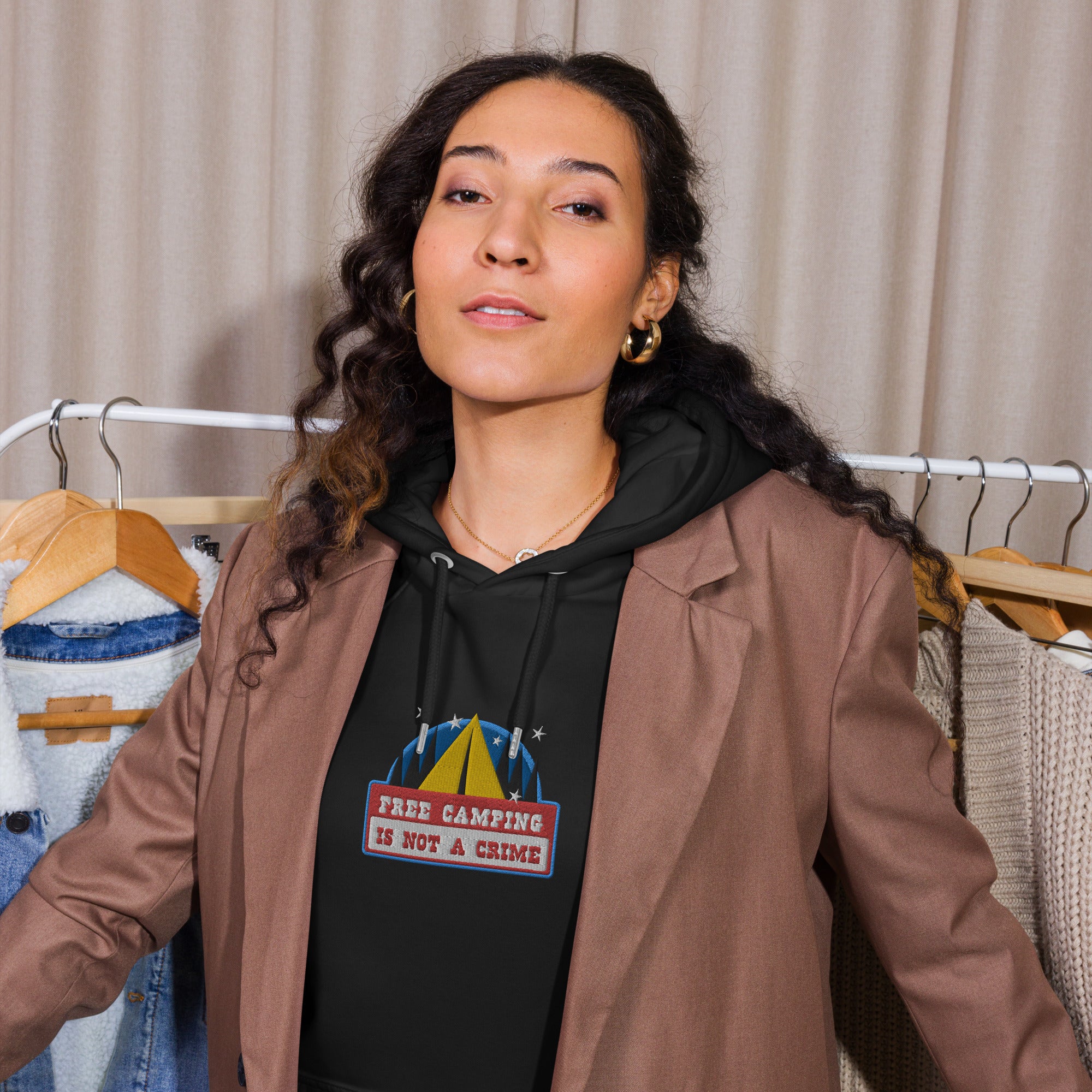 Unisex eco raglan hoodie Free camping is not a crime graphic multicolor embroidered pattern