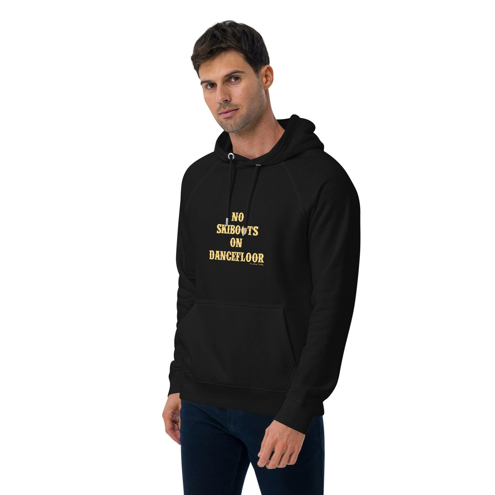 Unisex eco raglan hoodie No Skiboots on Dancefloor on dark colors