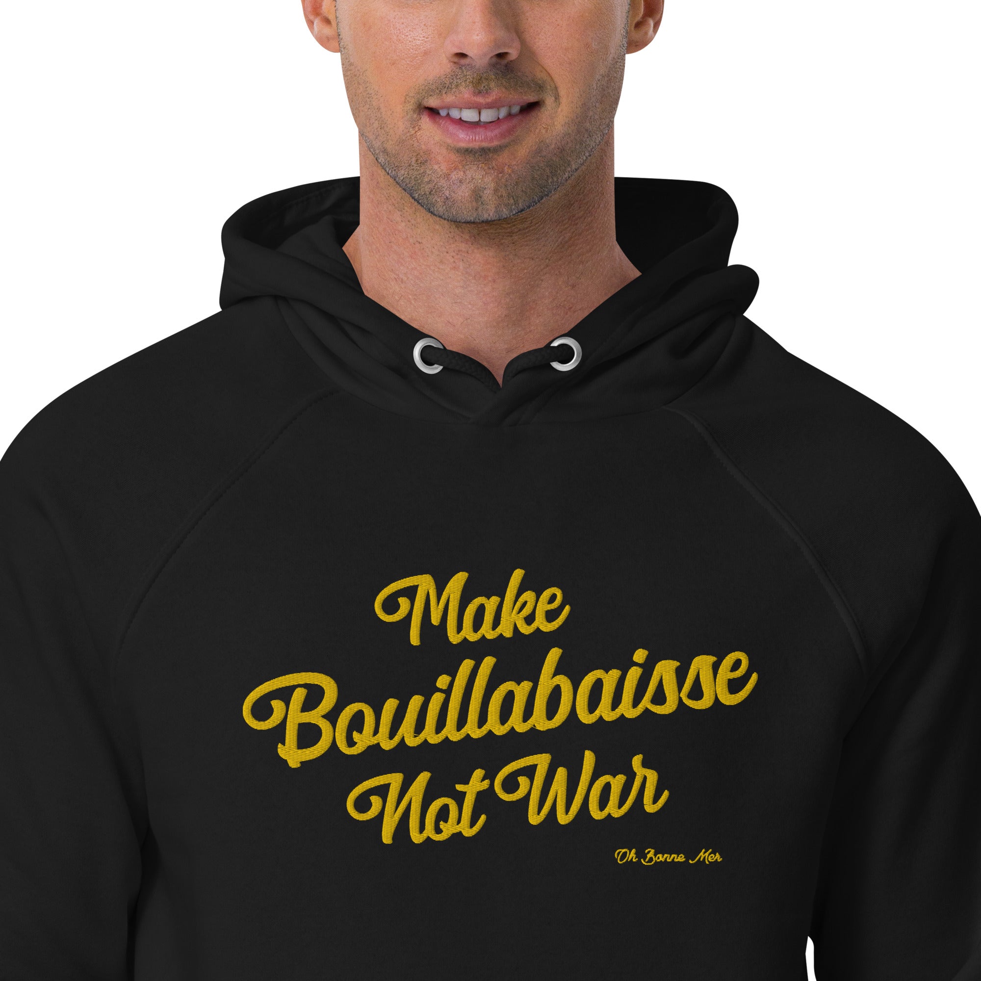 Sweat à capuche écologique Raglan unisexe Make Bouillabaisse Not War grand motif brodé gold