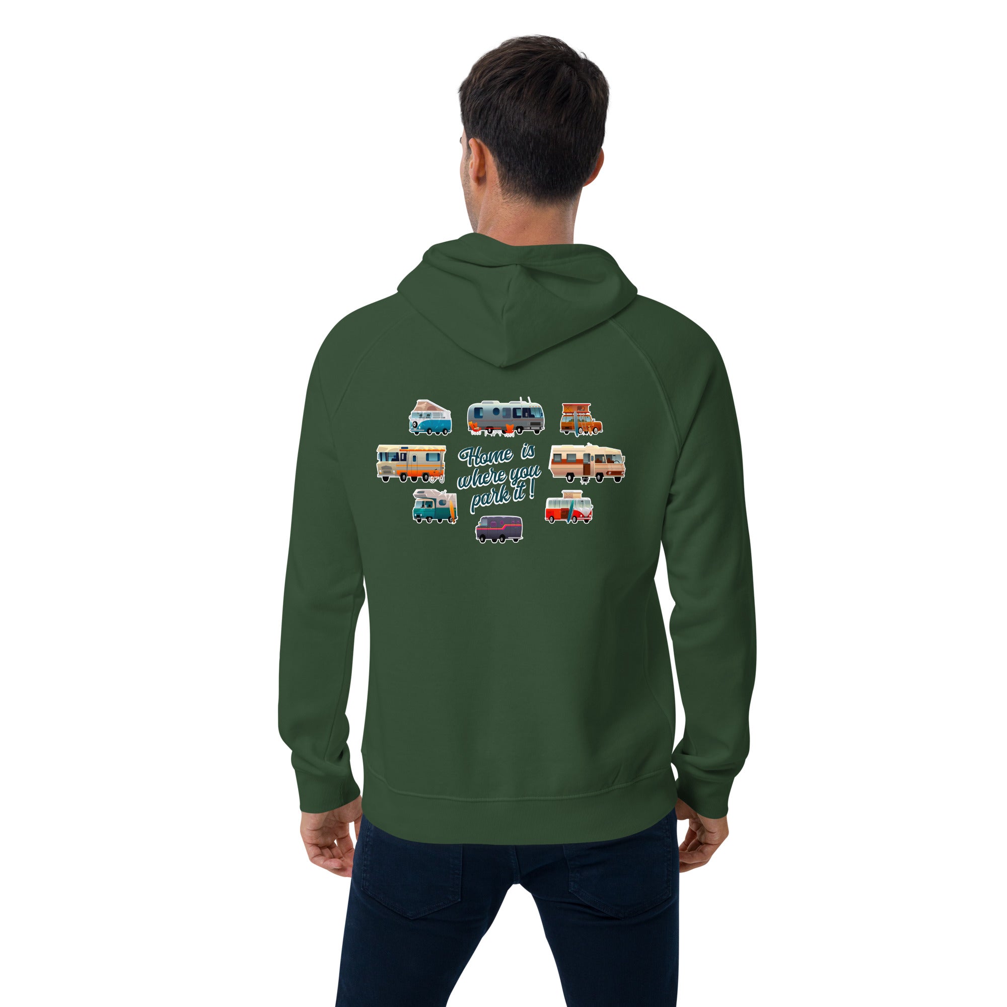 Unisex eco raglan hoodie Square Vintage Campers Home is where you park it white embroidered pattern
