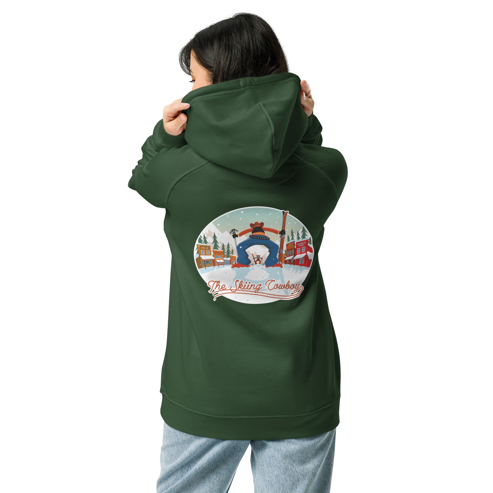 Unisex eco raglan hoodie Skiing Duel (front & back)