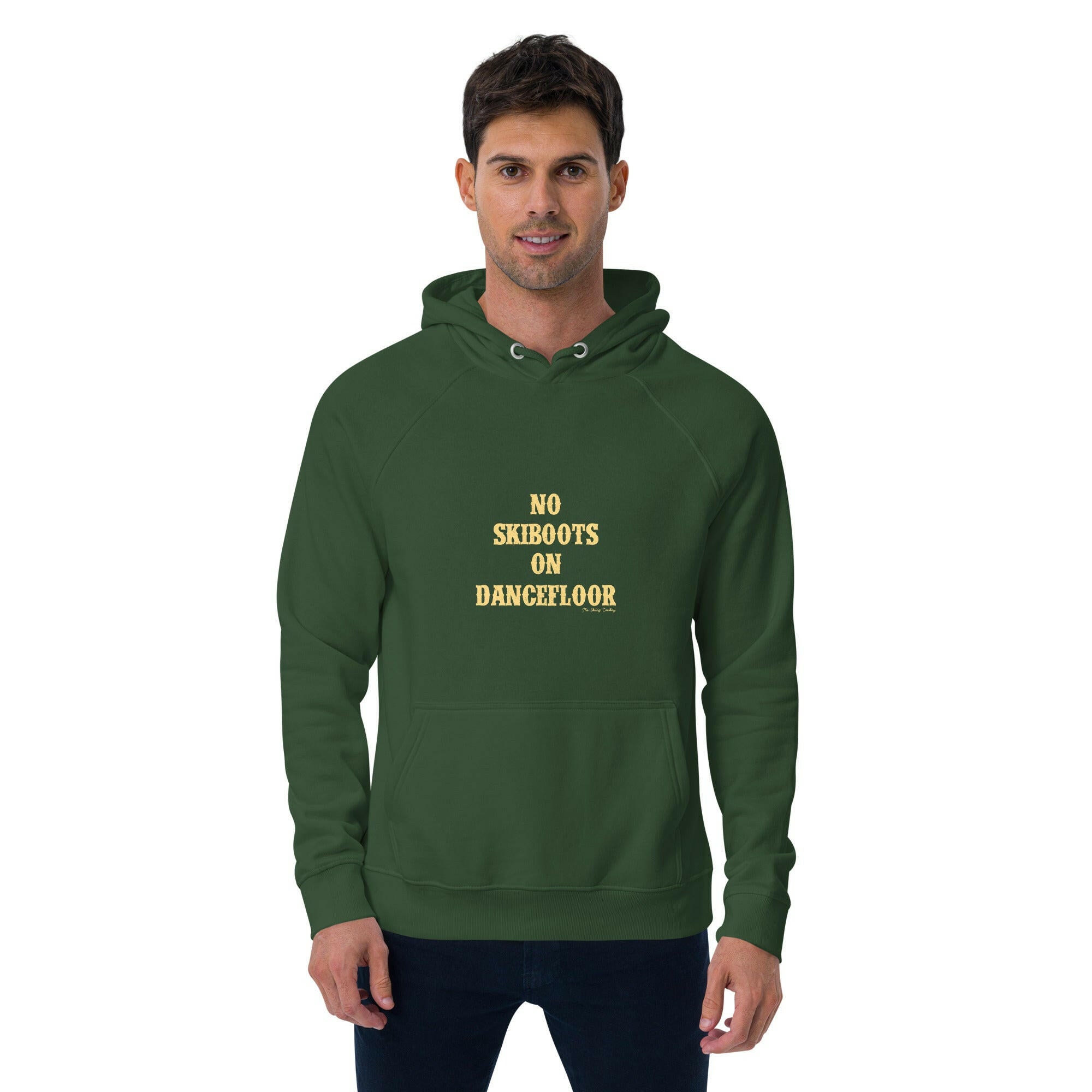 Unisex eco raglan hoodie No Skiboots on Dancefloor on dark colors