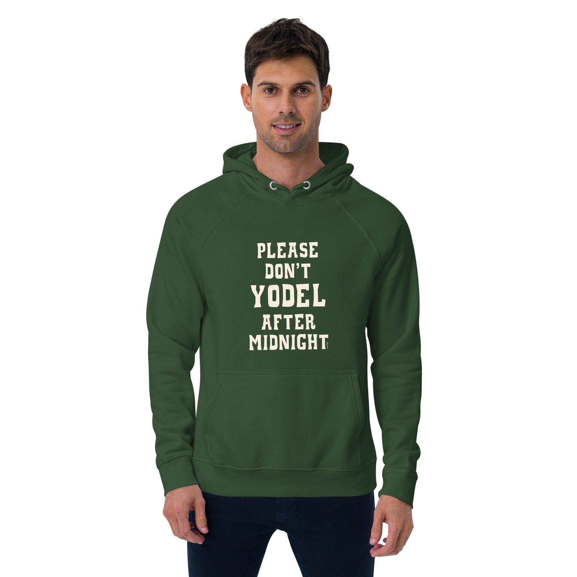Unisex eco raglan hoodie Don't Yodel After Midnight on dark colors