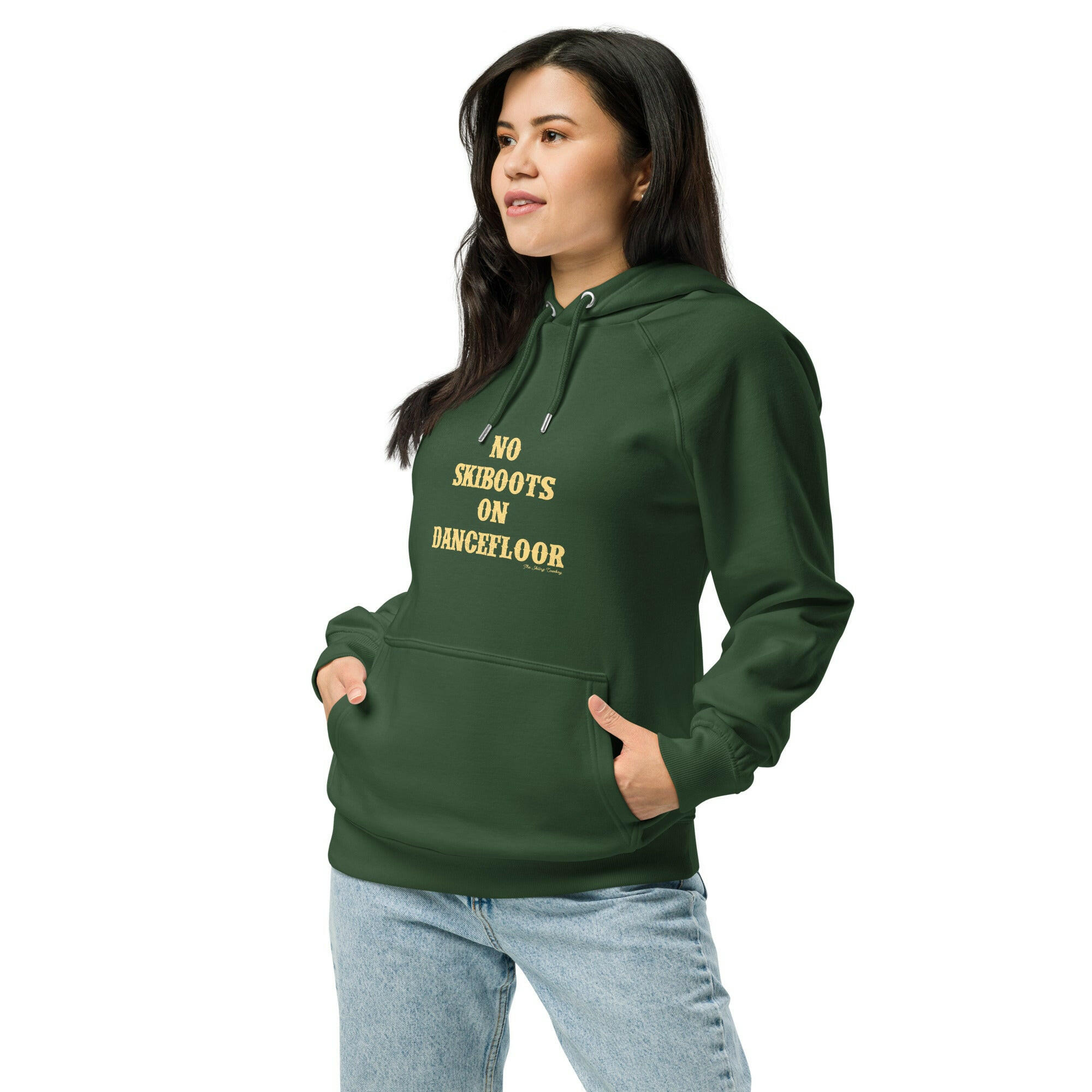 Unisex eco raglan hoodie No Skiboots on Dancefloor on dark colors